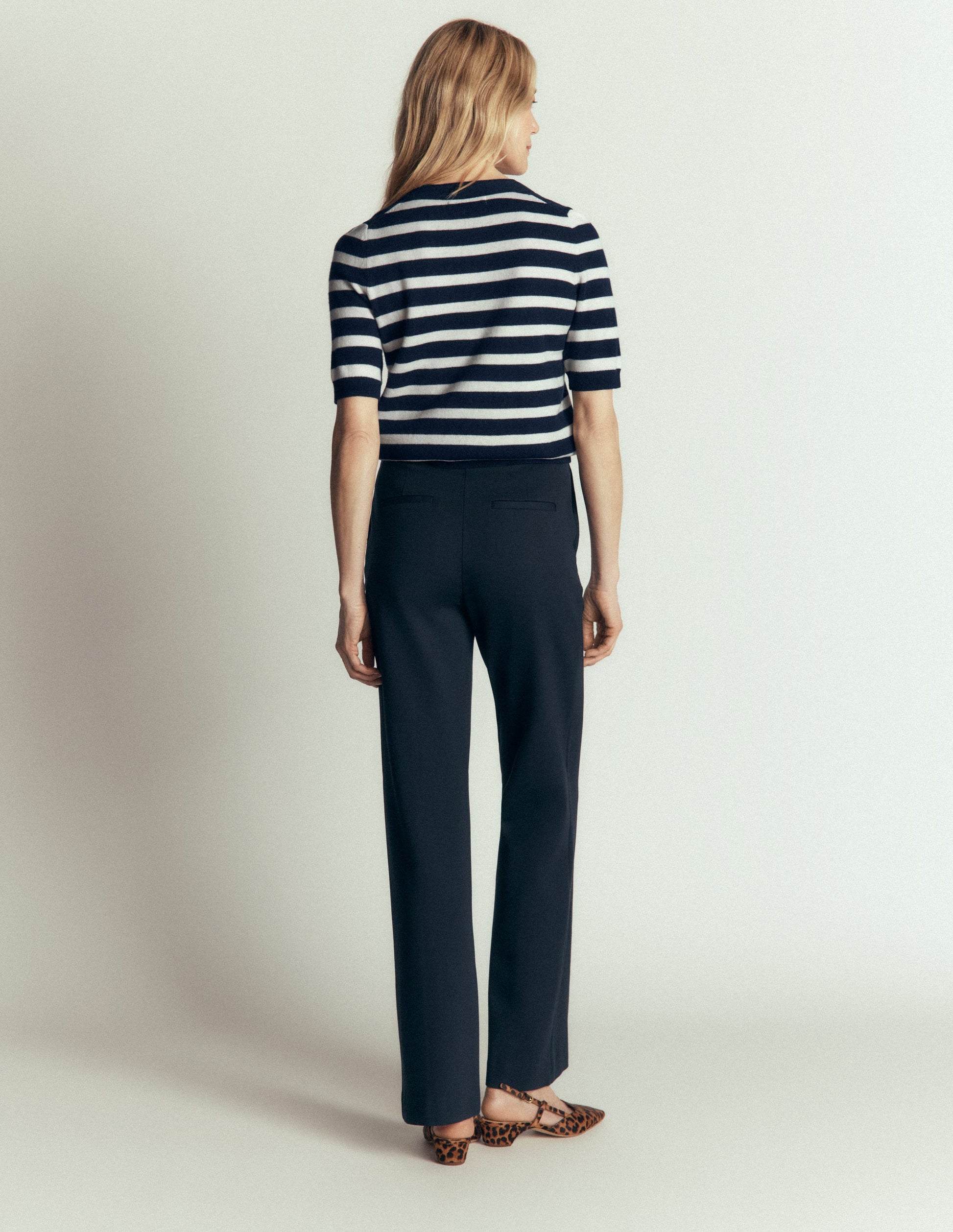 Bow Neck Knitted T-shirt-Navy, Ivory Stripe-7