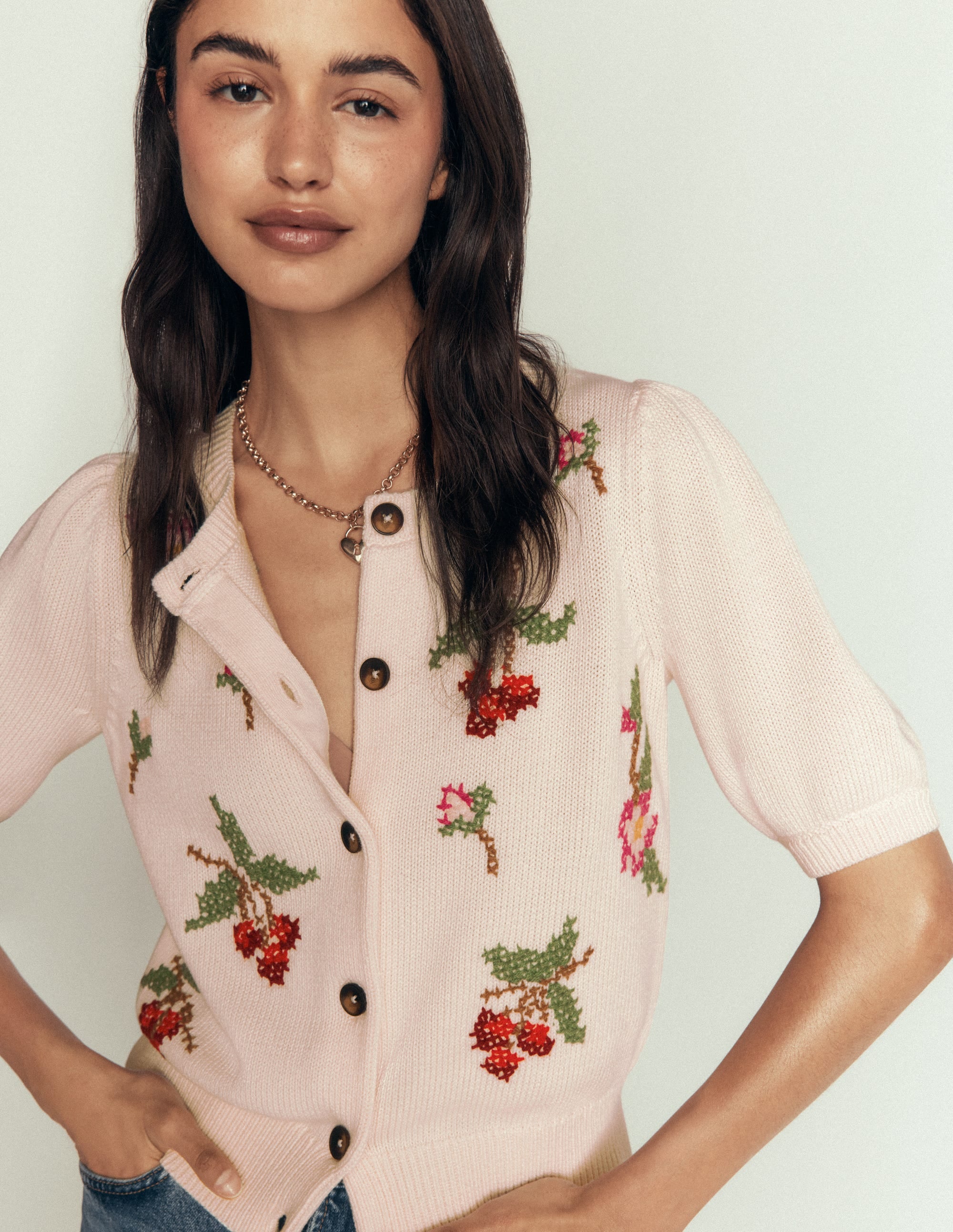 Puff Sleeve Cotton Cardigan-Warm Ivory, Embroidered - Image 2