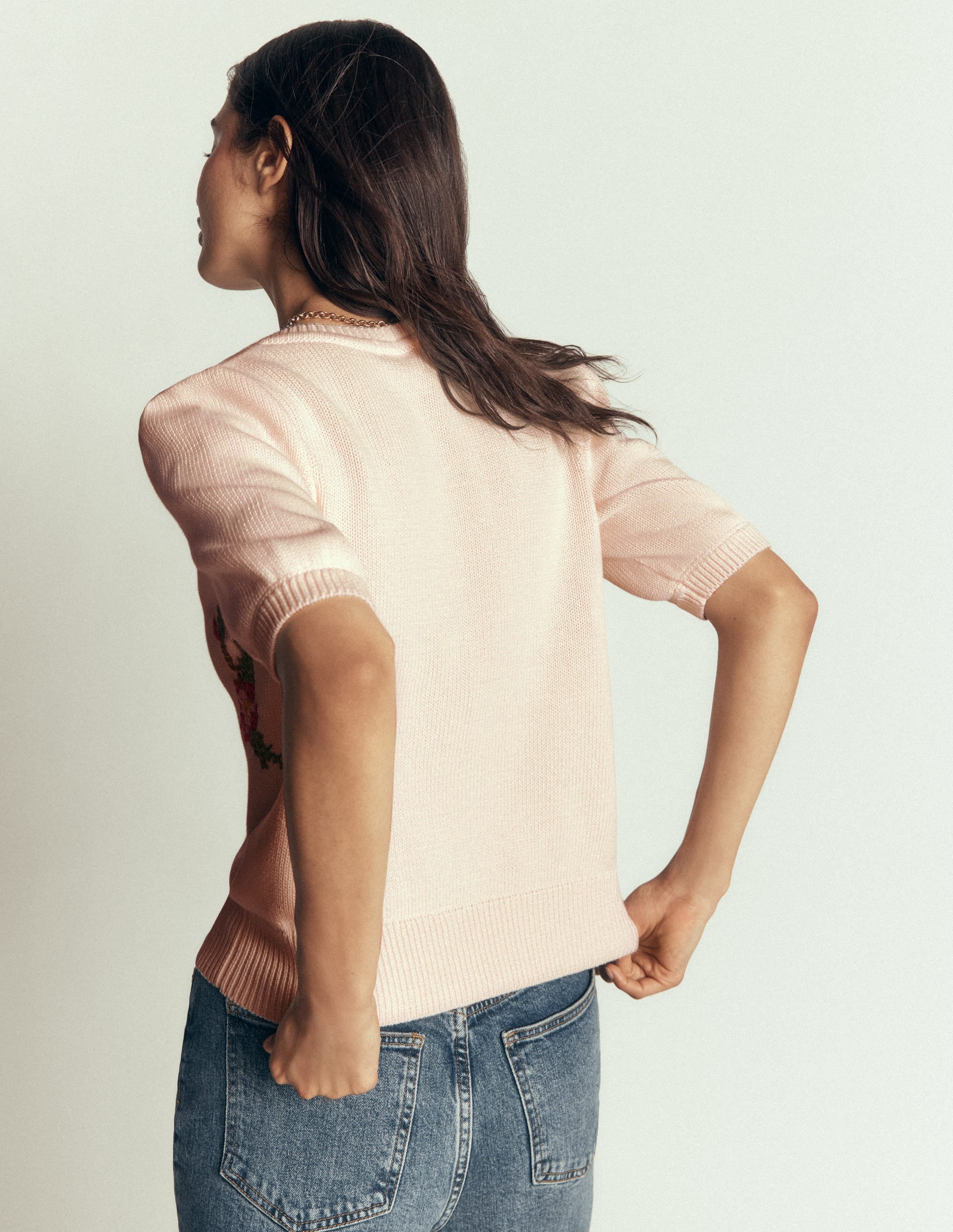 Puff Sleeve Cotton Cardigan-Warm Ivory, Embroidered - Image 3