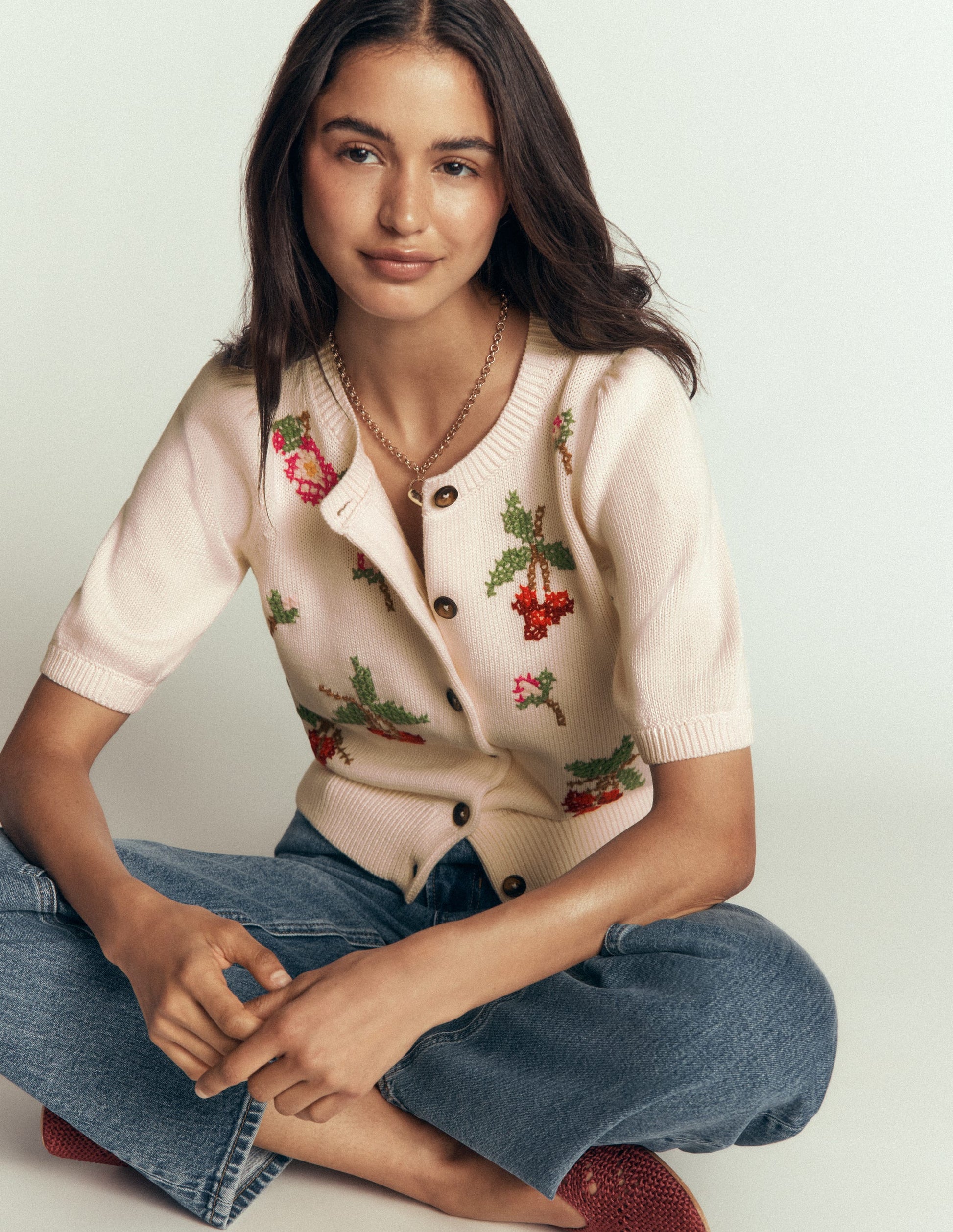 Baumwollstrickjacke mit Puffärmeln-Warmes Naturweiß, Bestickt-4