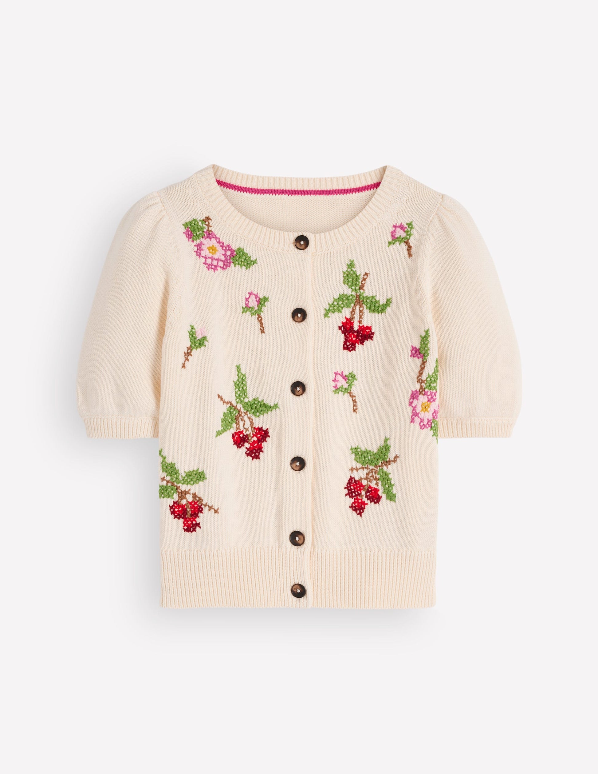 Baumwollstrickjacke mit Puffärmeln-Warmes Naturweiß, Bestickt-8