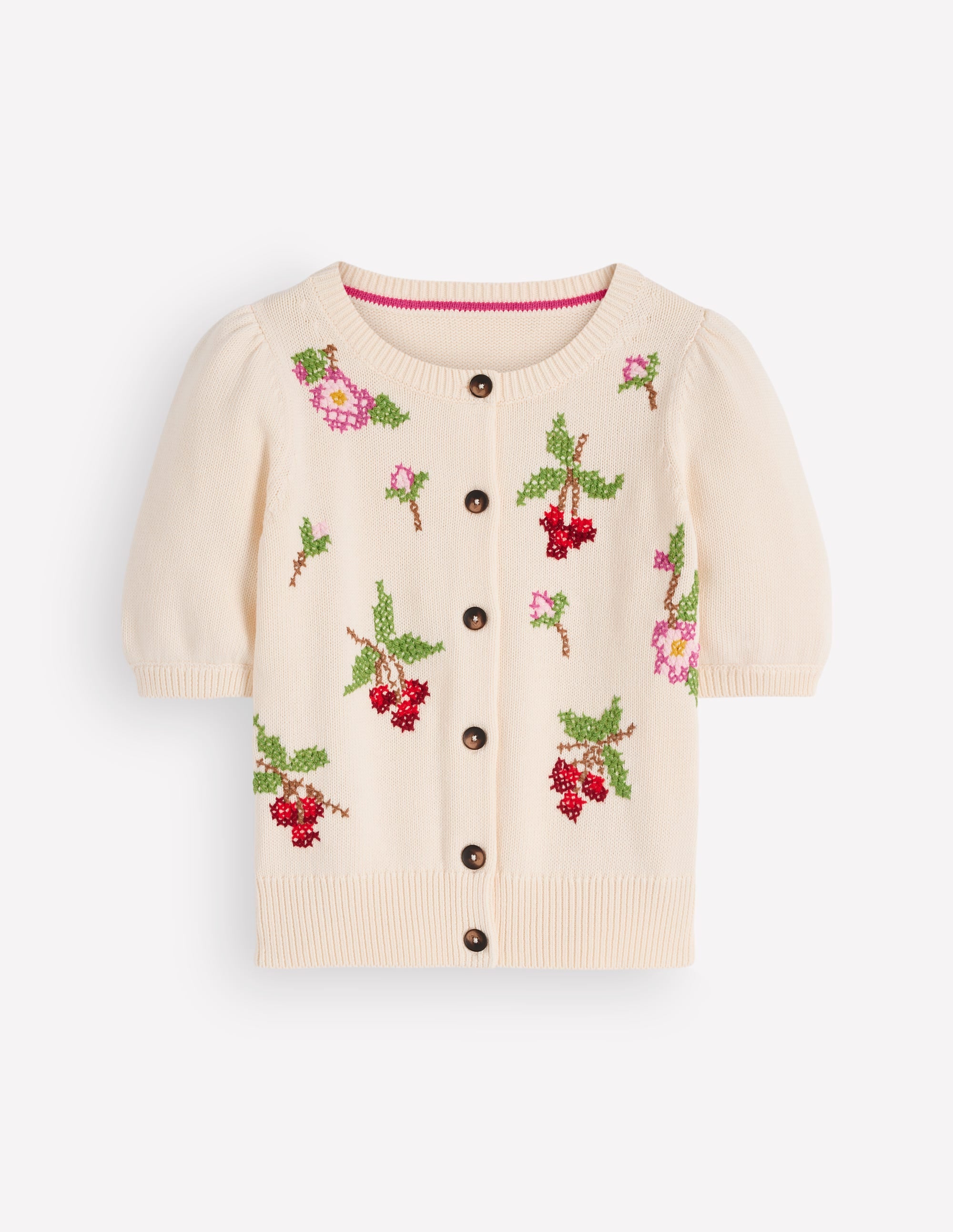 Baumwollstrickjacke mit Puffärmeln-Warmes Naturweiß, Bestickt - Image 8