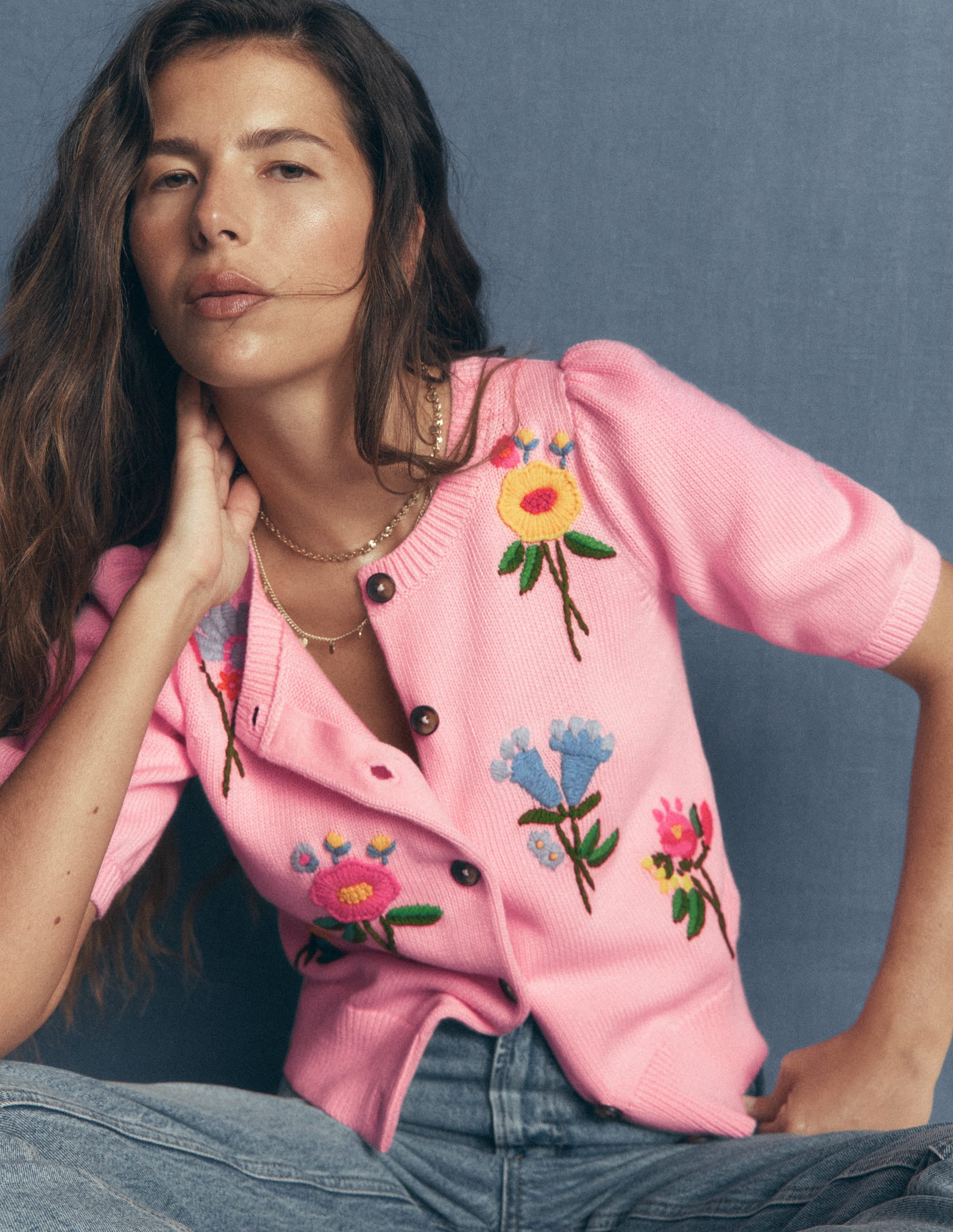 Baumwollstrickjacke mit Puffärmeln-Orchideenrosa, Bestickt - Image 1