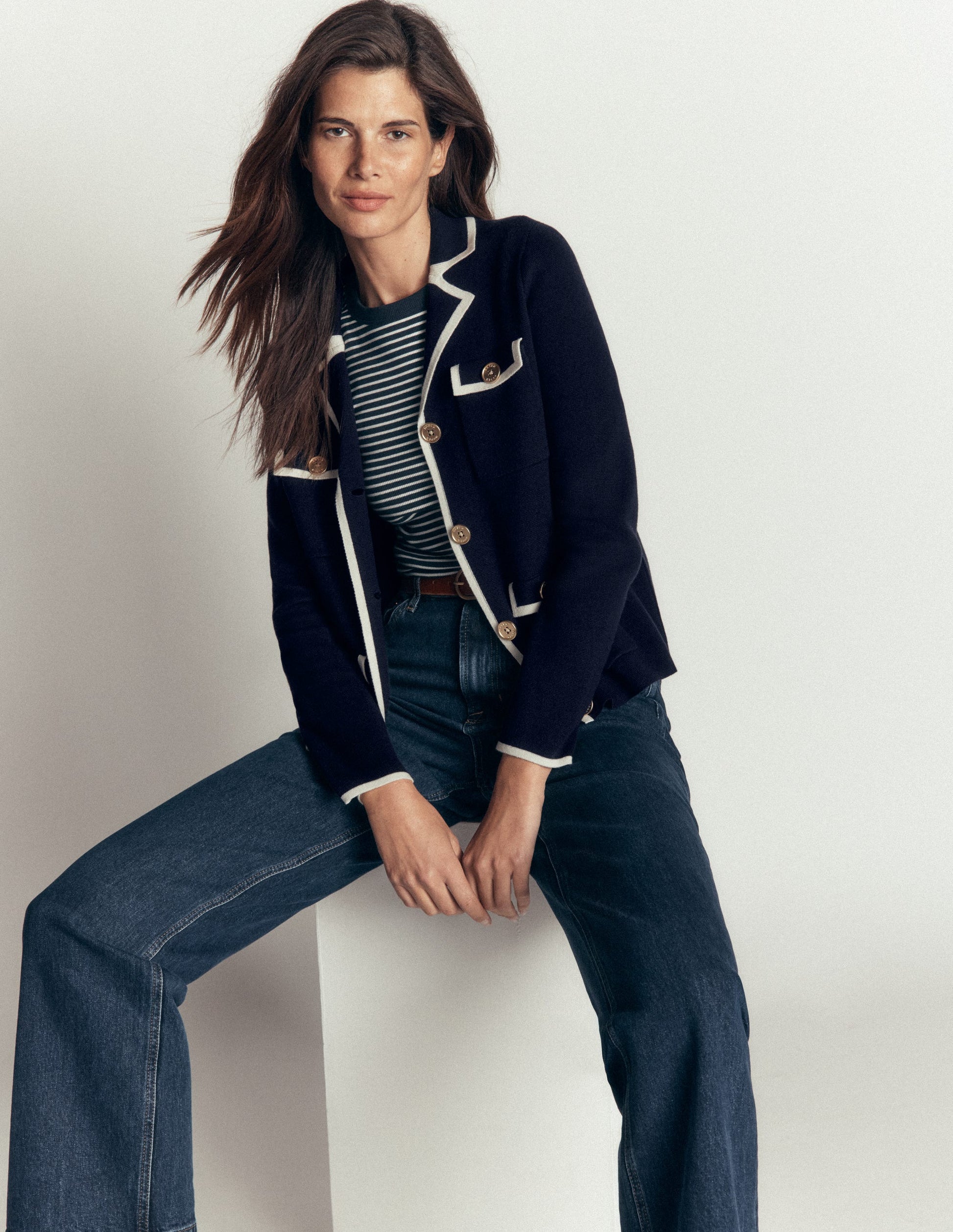 Phoebe Collared Knitted Jacket-Navy-1