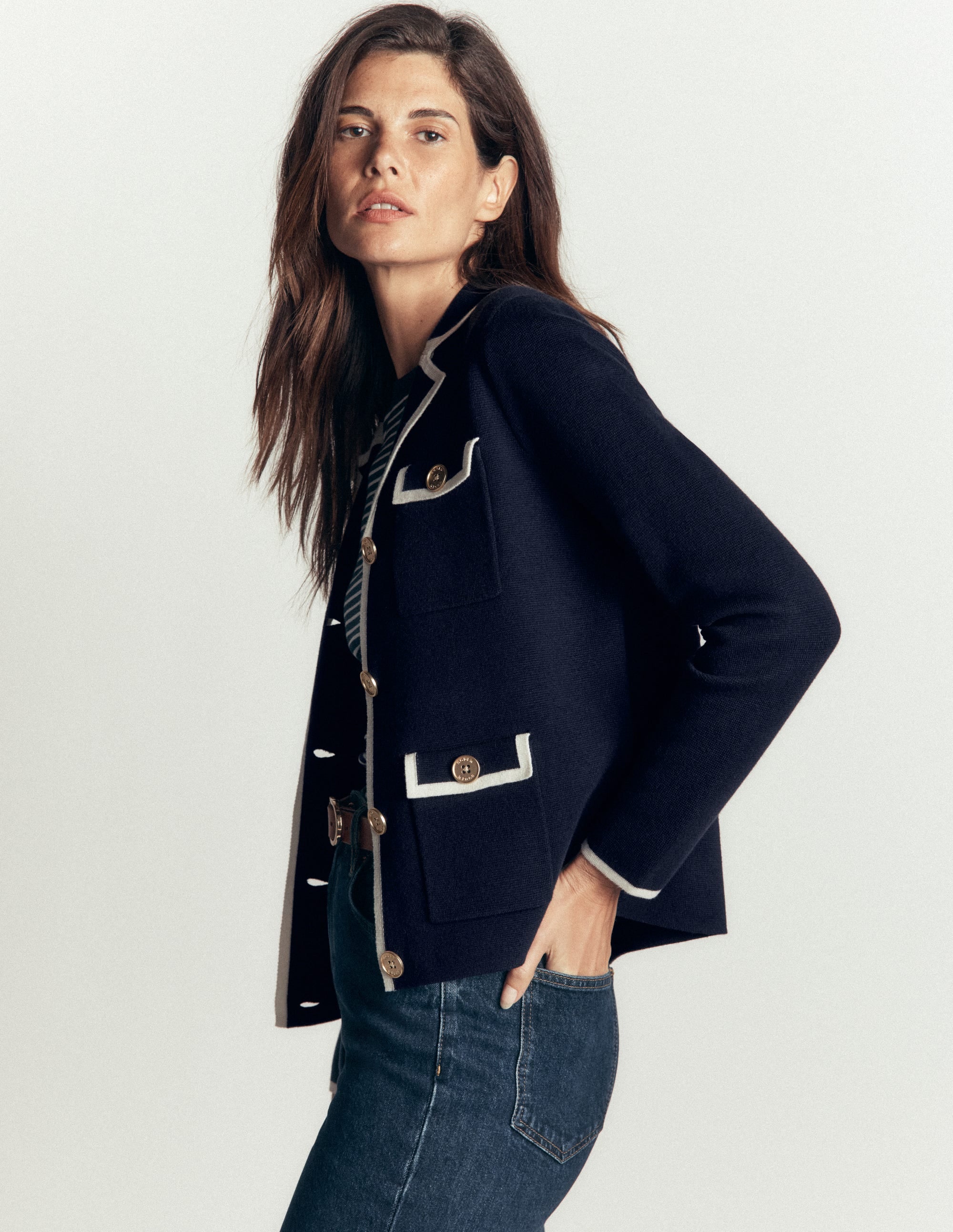 Phoebe Collared Knitted Jacket-Navy - Image 4
