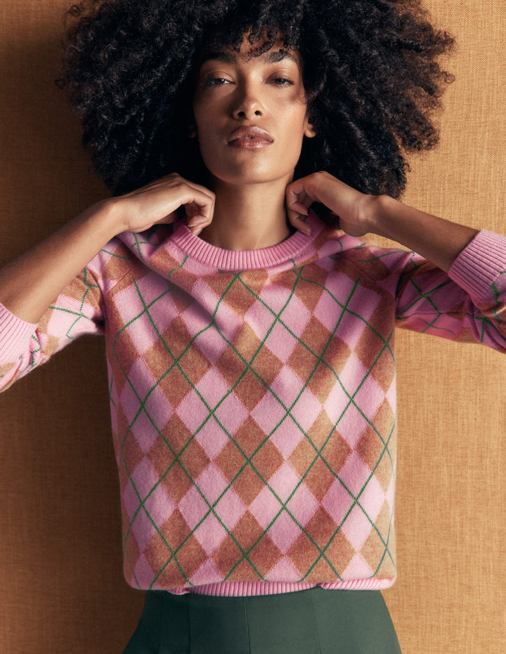 Elsie Cashmere Crew Jumper-Pink Heather, Argyle