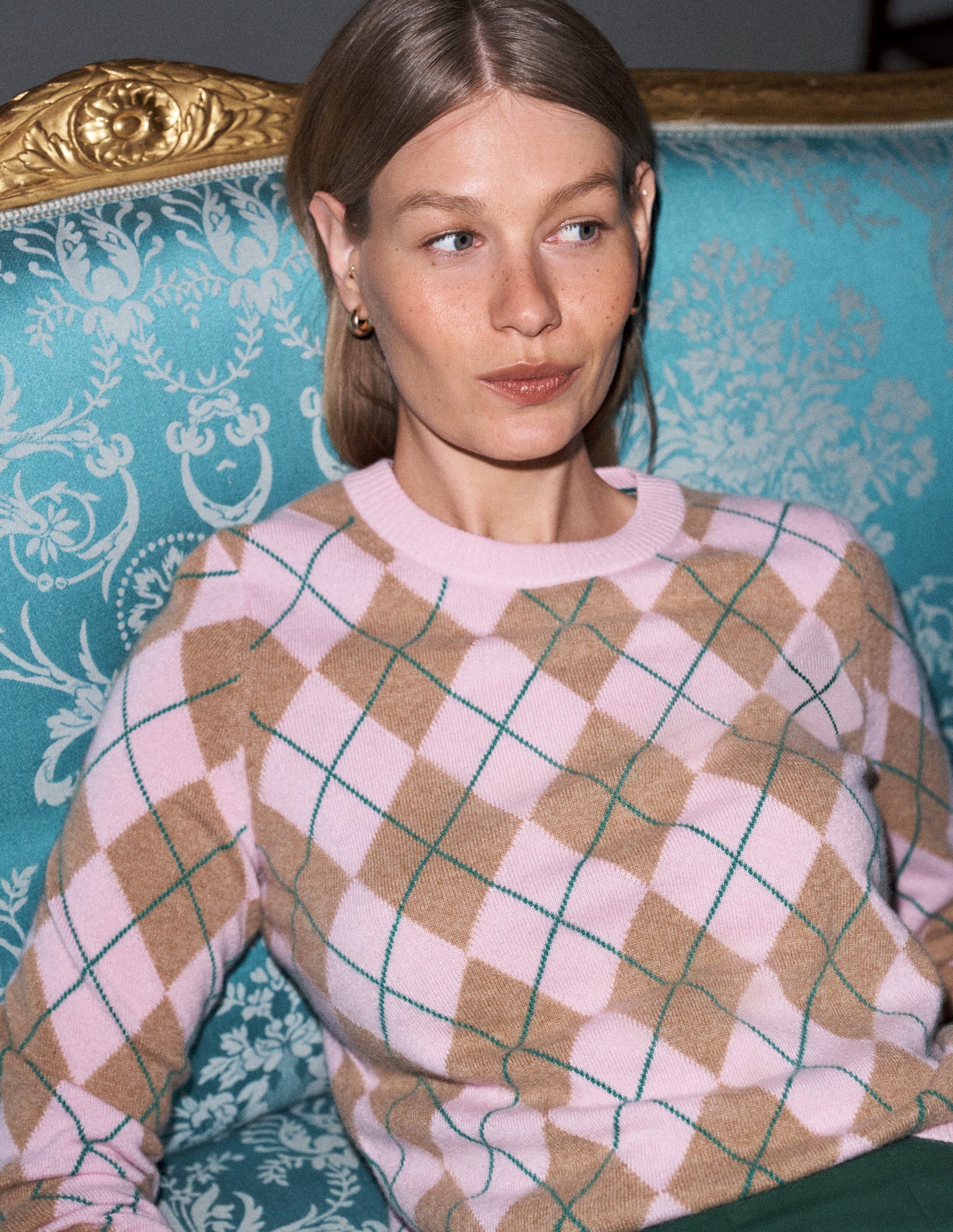 Elsie Kaschmirpullover mit Rundhalsausschnitt-Rosa Heidekraut, Argyle-1