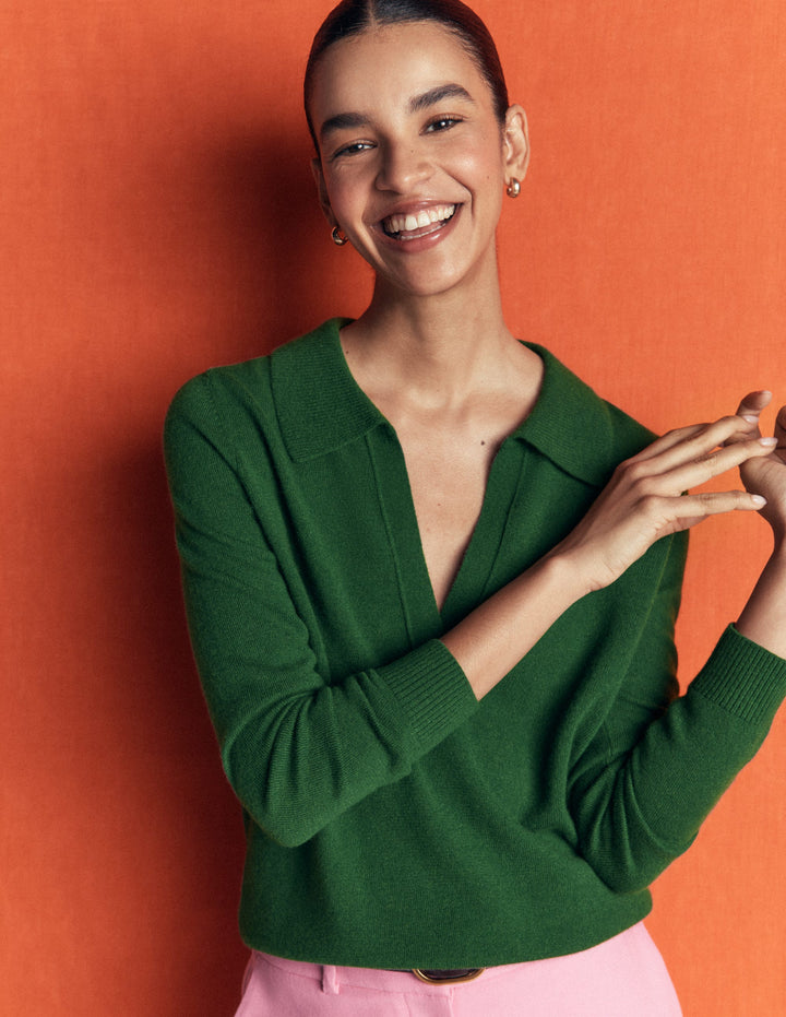 Elsie Cashmere Henley Jumper-Fresh Green