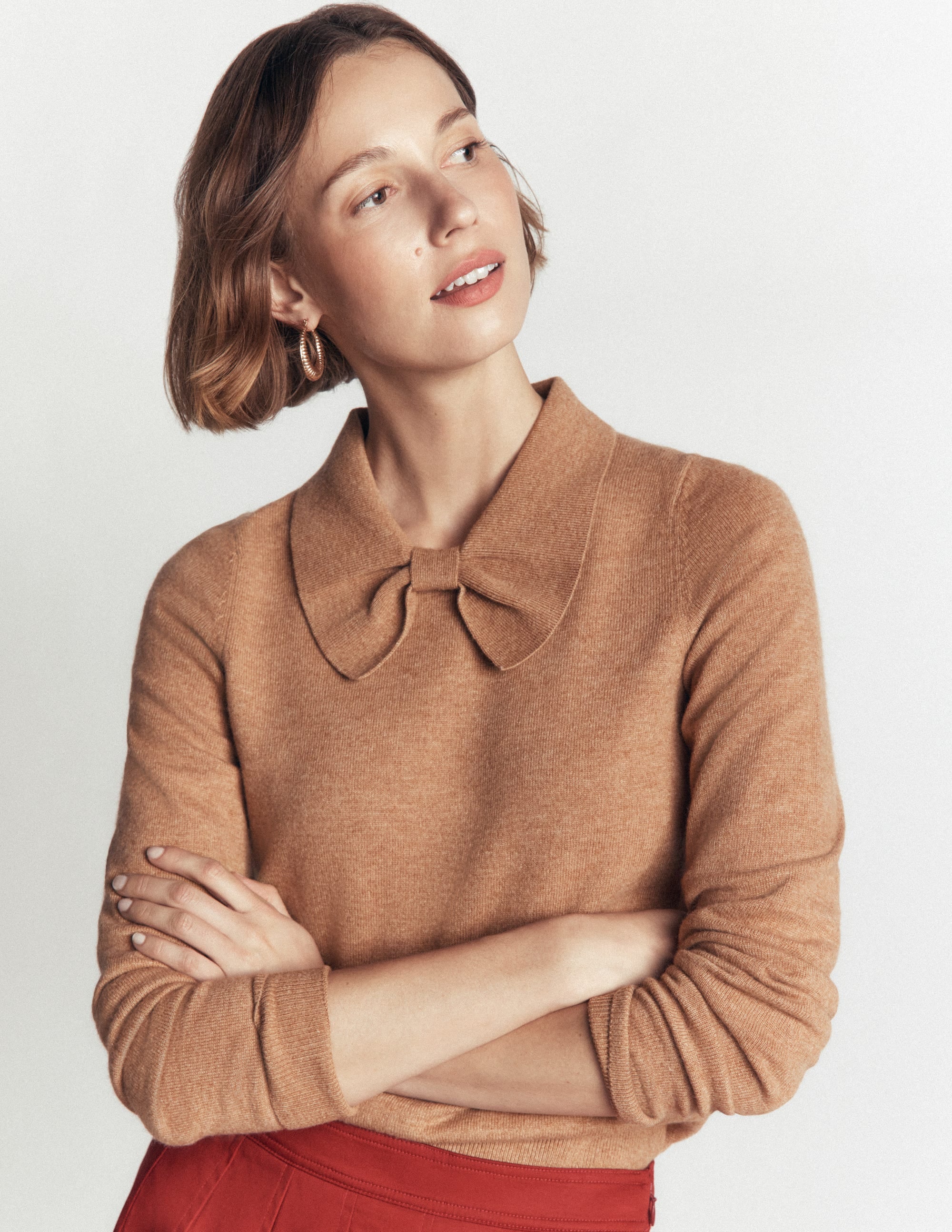Strickpullover mit Schleife am Ausschnitt-Camel Meliert - Image 5