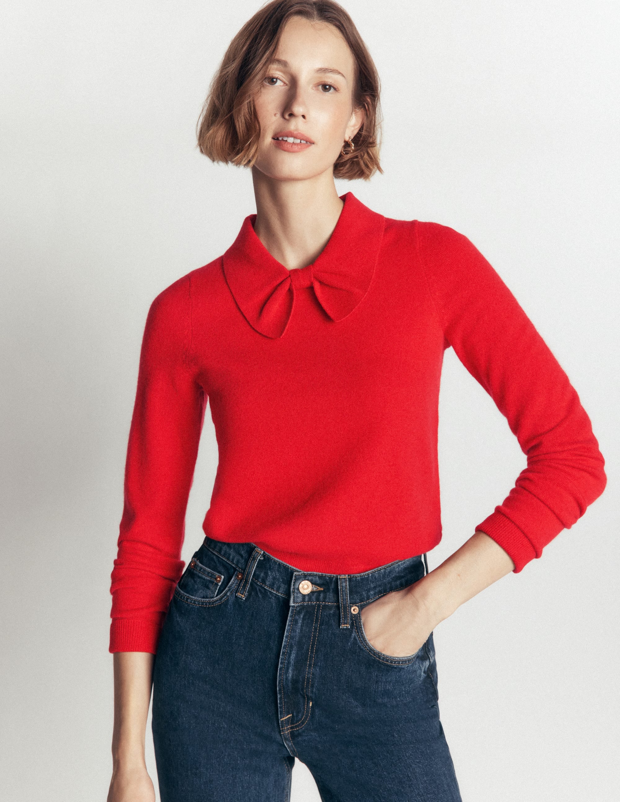 Strickpullover mit Schleife am Ausschnitt-Mohnblumenrot - Image 5