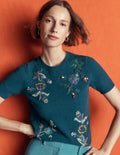 Ria Verziertes Strick-T-Shirt-Dunkles Aurorablau
