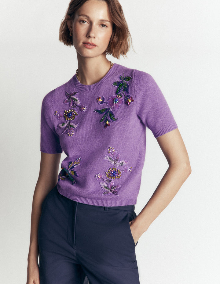 Ria Verziertes Strick-T-Shirt-Amethyst-Lila