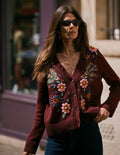 Ella Embroidered Knit Cardigan-Dark Cherry, Embroidery