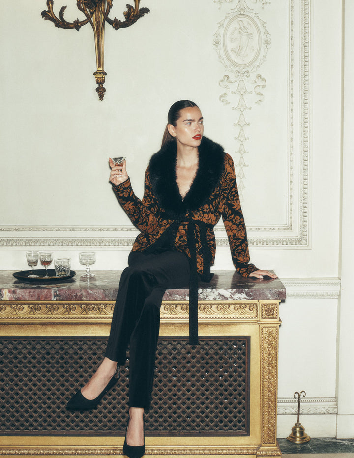 Wickelstrickjacke mit Gürtel-Metallic-Schwarz Gold Jacquard