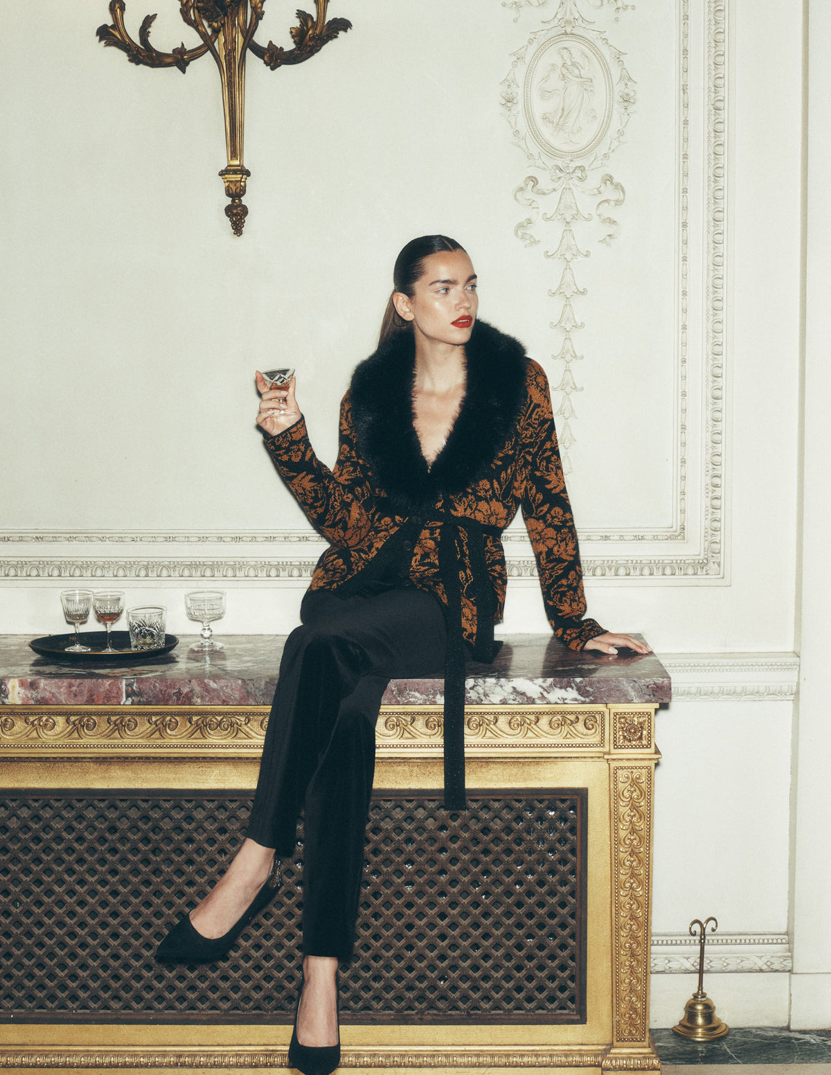 Belted Wrap Knitted Cardigan-Metallic Black Gold Jacquard - Image 1