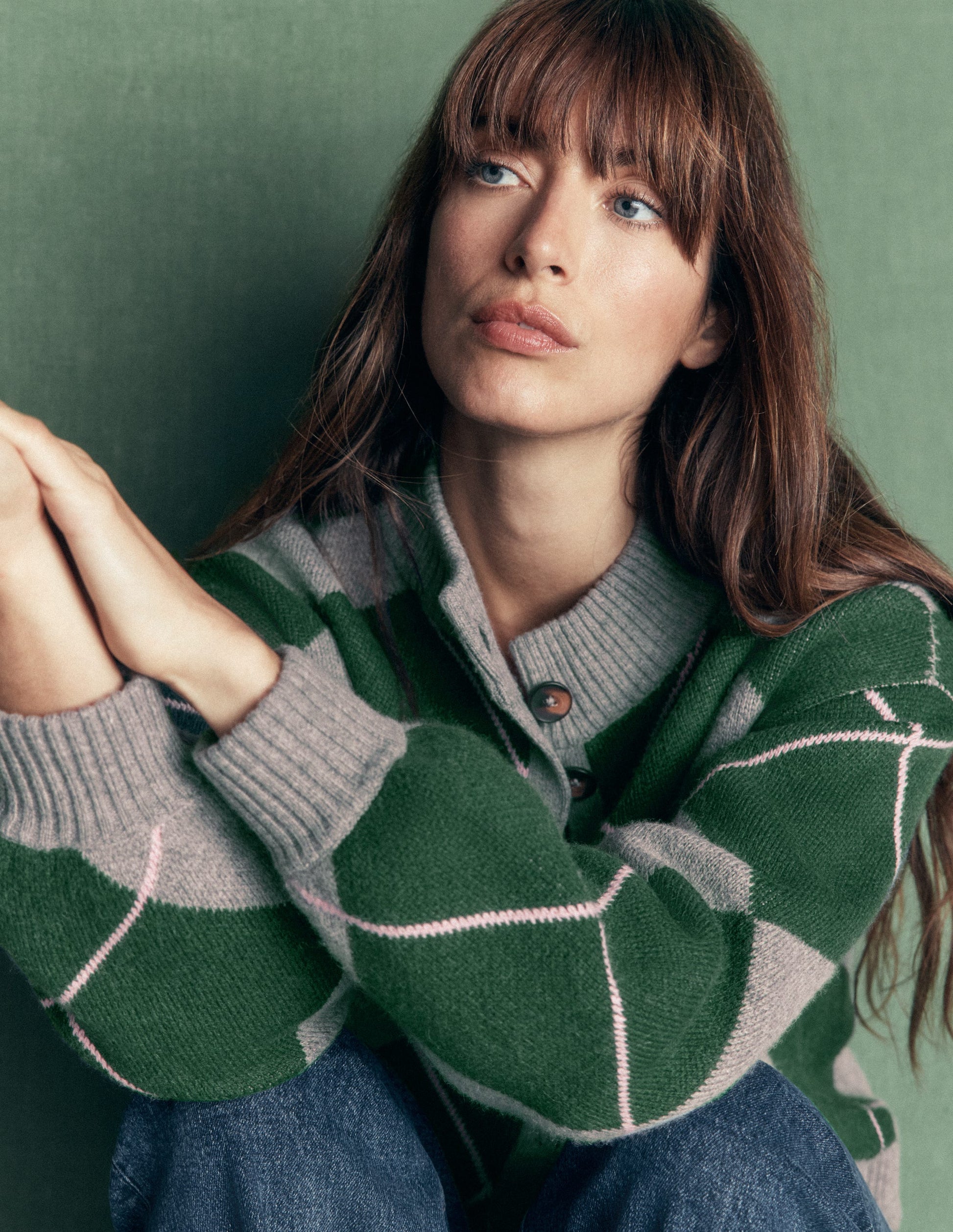 Jemma Jacquard-Strickjacke-Jagdgrün Argyle-3