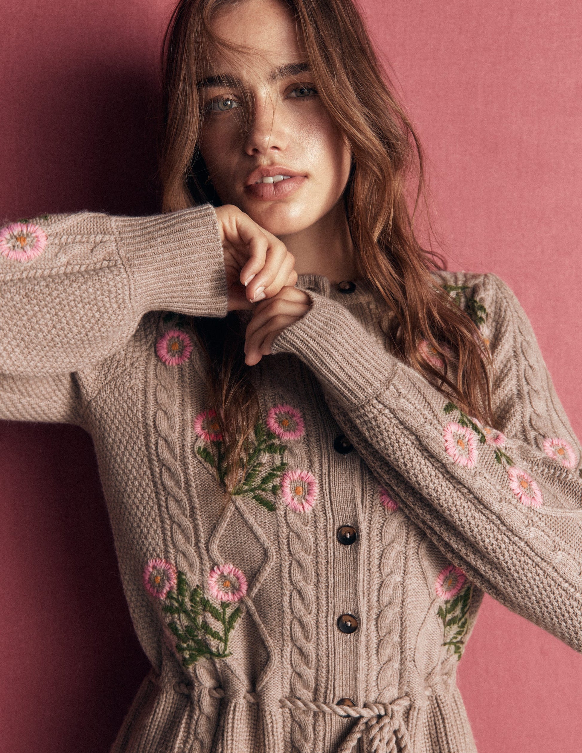 Strickjacke mit Zopfmuster-Nerz Meliert, Stickerei-7