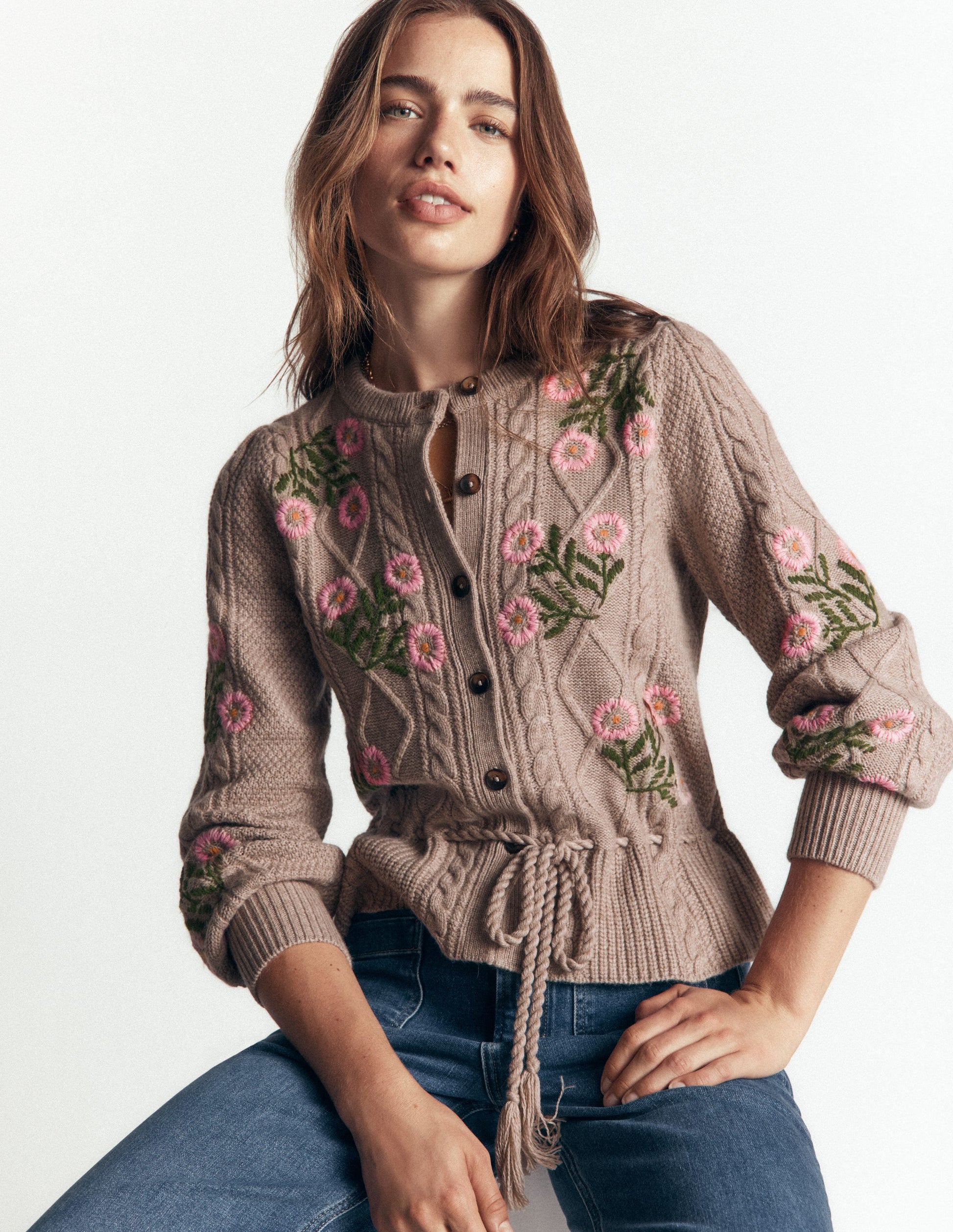 Strickjacke mit Zopfmuster-Nerz Meliert, Stickerei-8