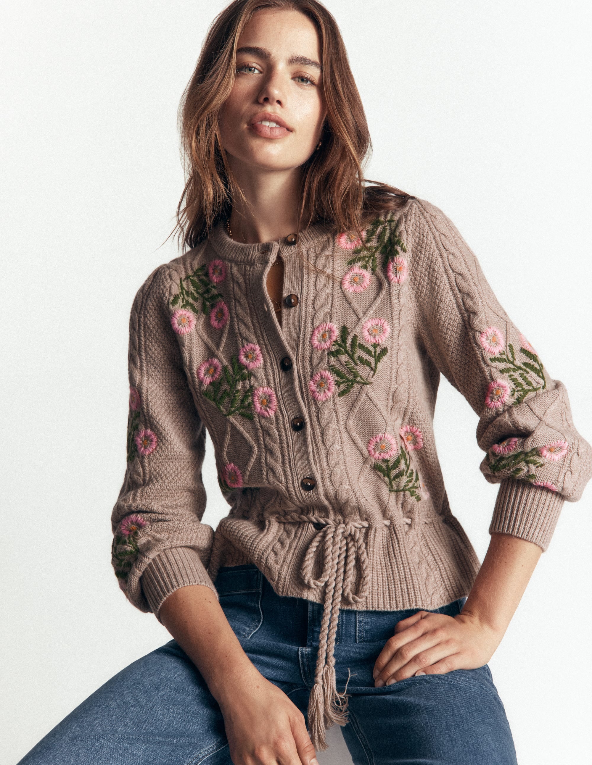 Strickjacke mit Zopfmuster-Nerz Meliert, Stickerei - Image 7