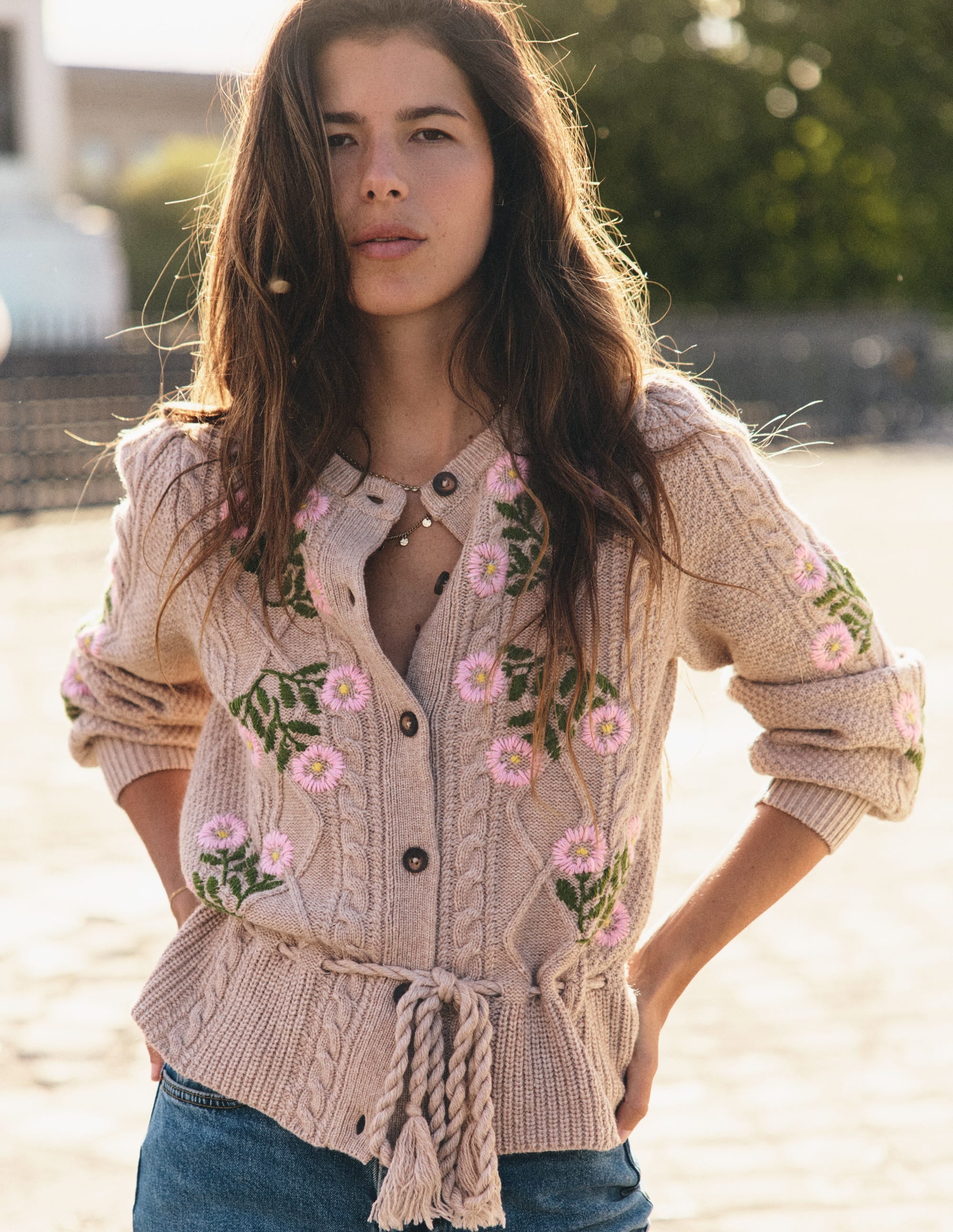 Strickjacke mit Zopfmuster-Nerz Meliert, Stickerei - Image 1