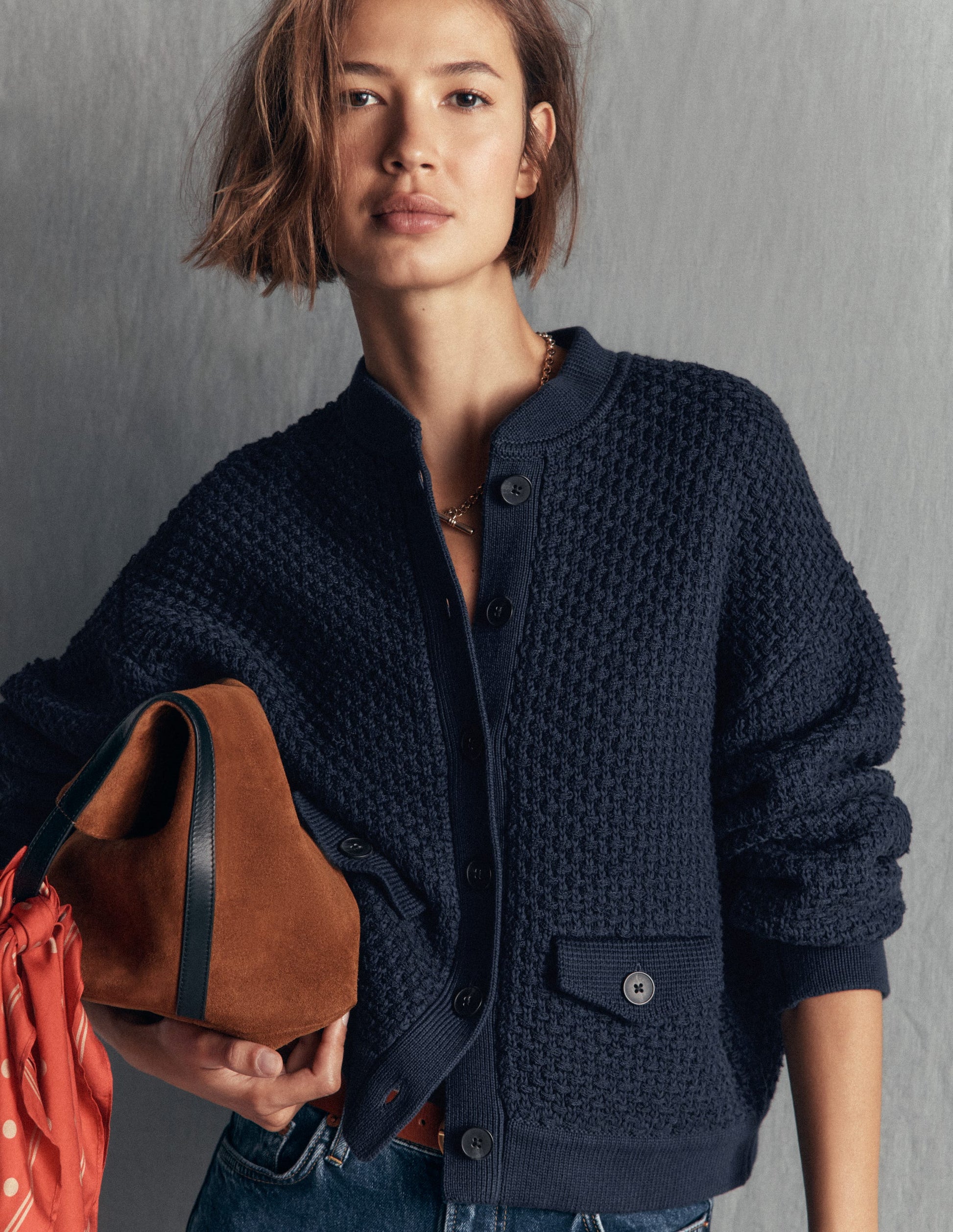 Textured Knitted Bomber Jacket-Navy-1
