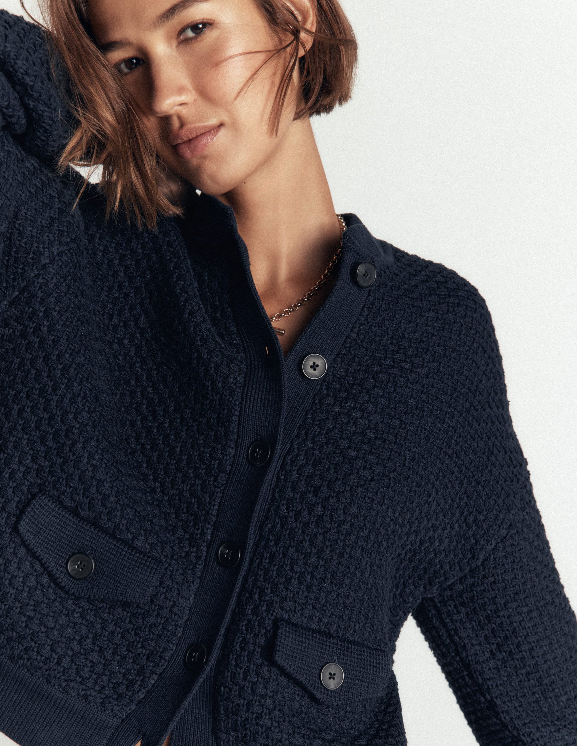 Textured Knitted Bomber Jacket-Navy-2