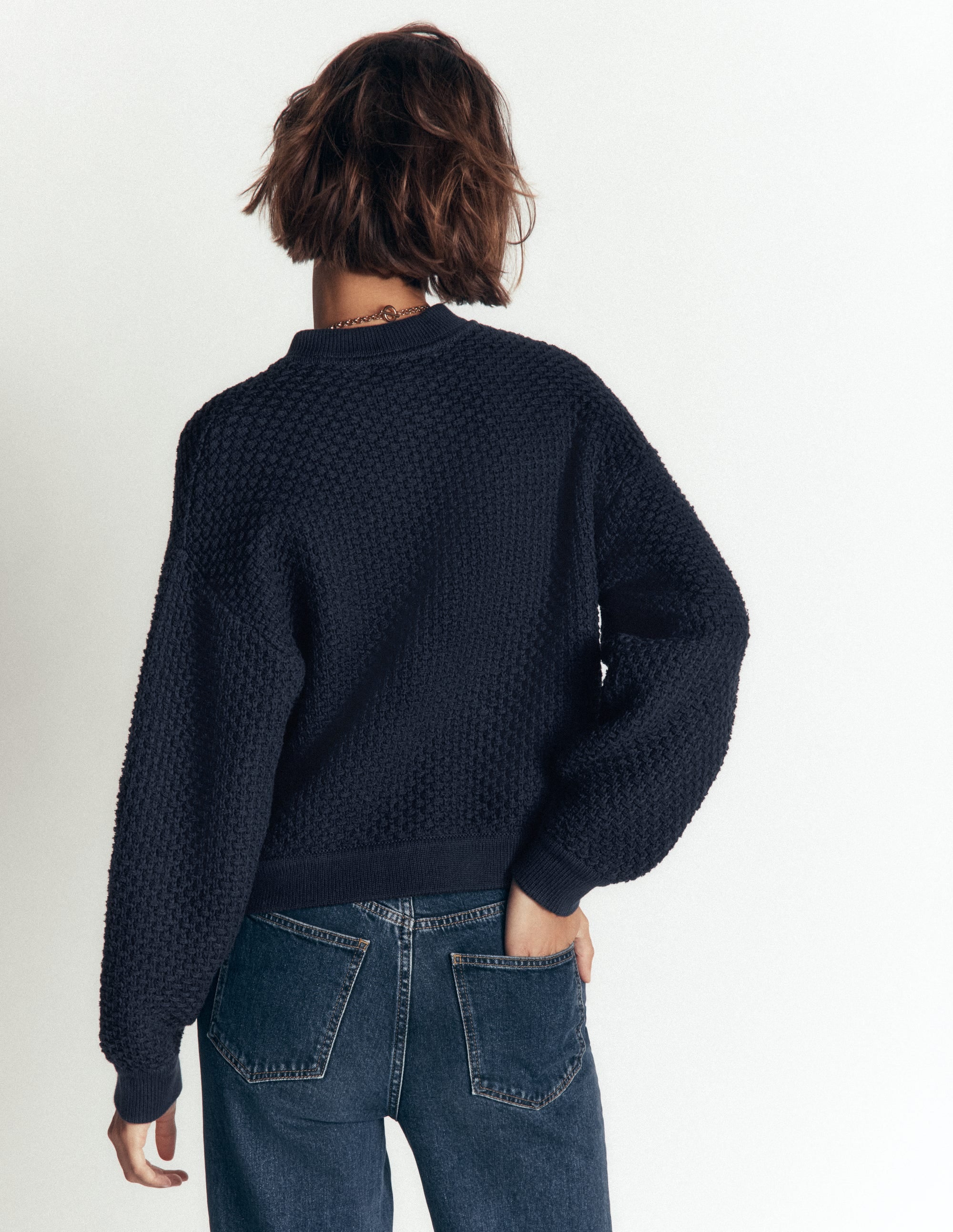 Textured Knitted Bomber Jacket-Navy - Image 3