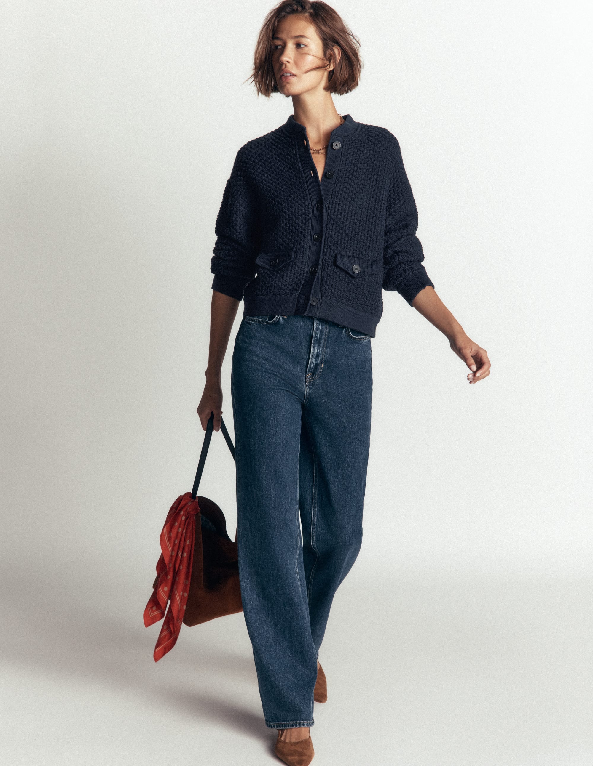 Textured Knitted Bomber Jacket-Navy - Image 4