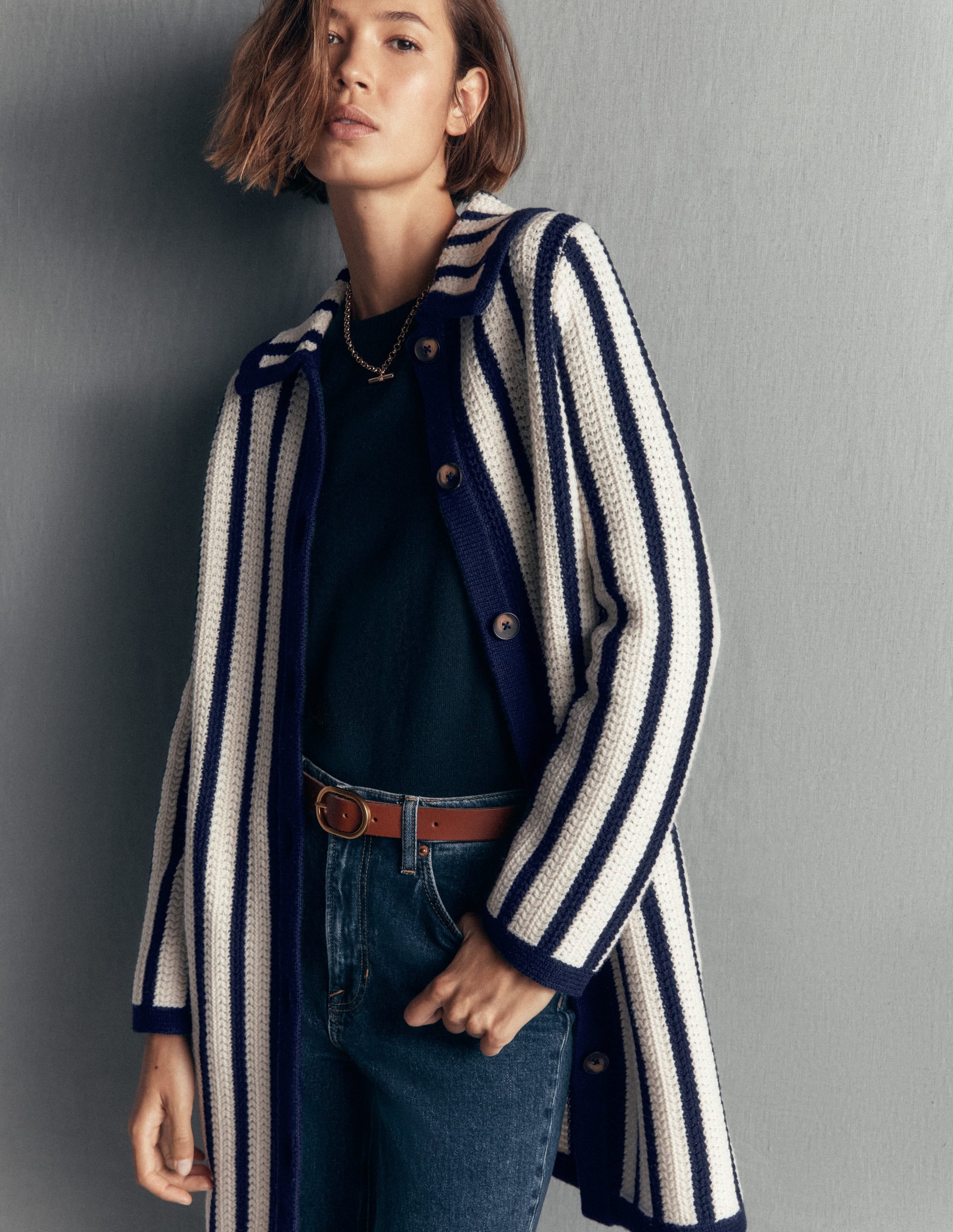 Longline Knitted Coatigan-Ivory, Navy Stripe - Image 1