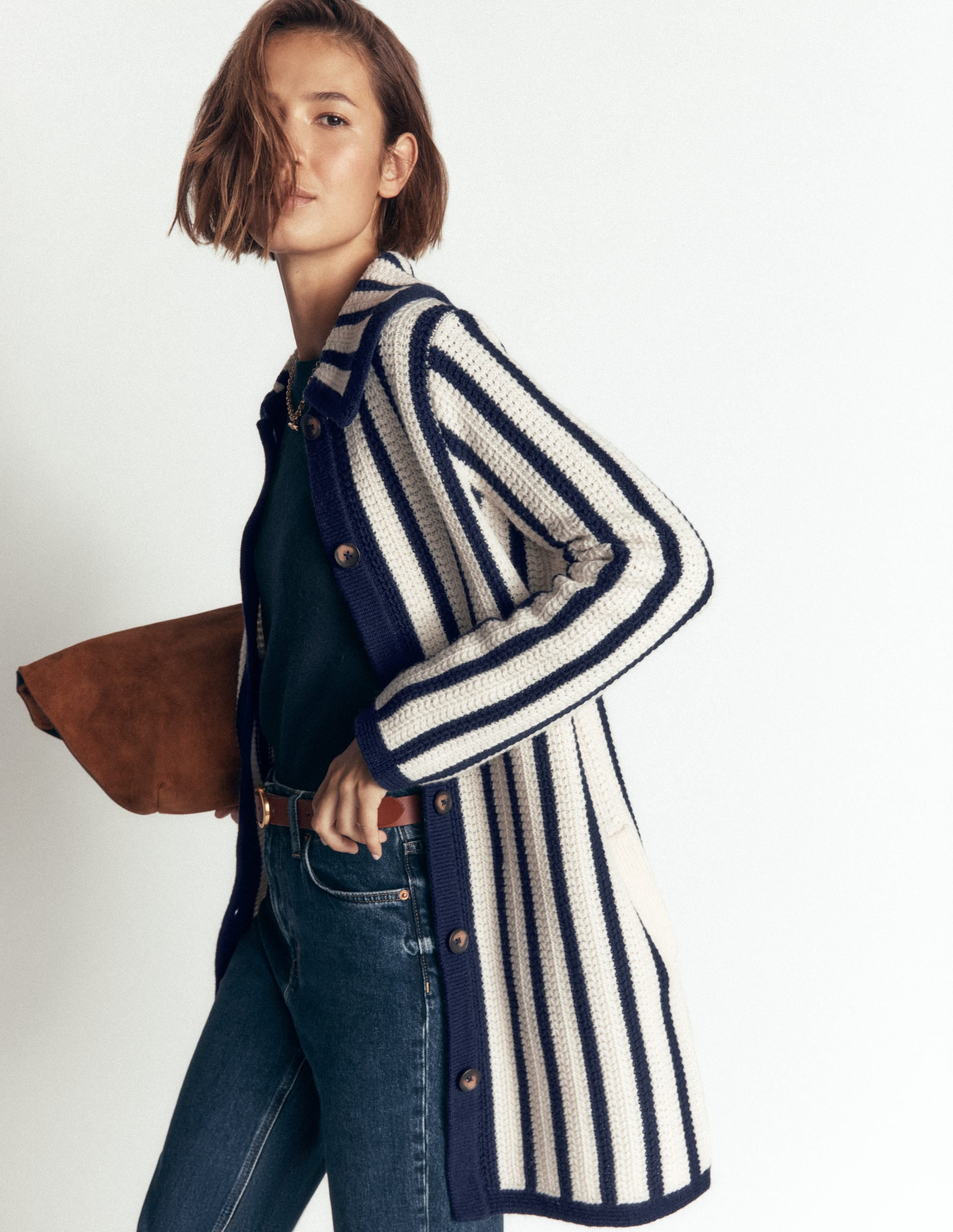 Longline Knitted Coatigan-Ivory, Navy Stripe - Image 4