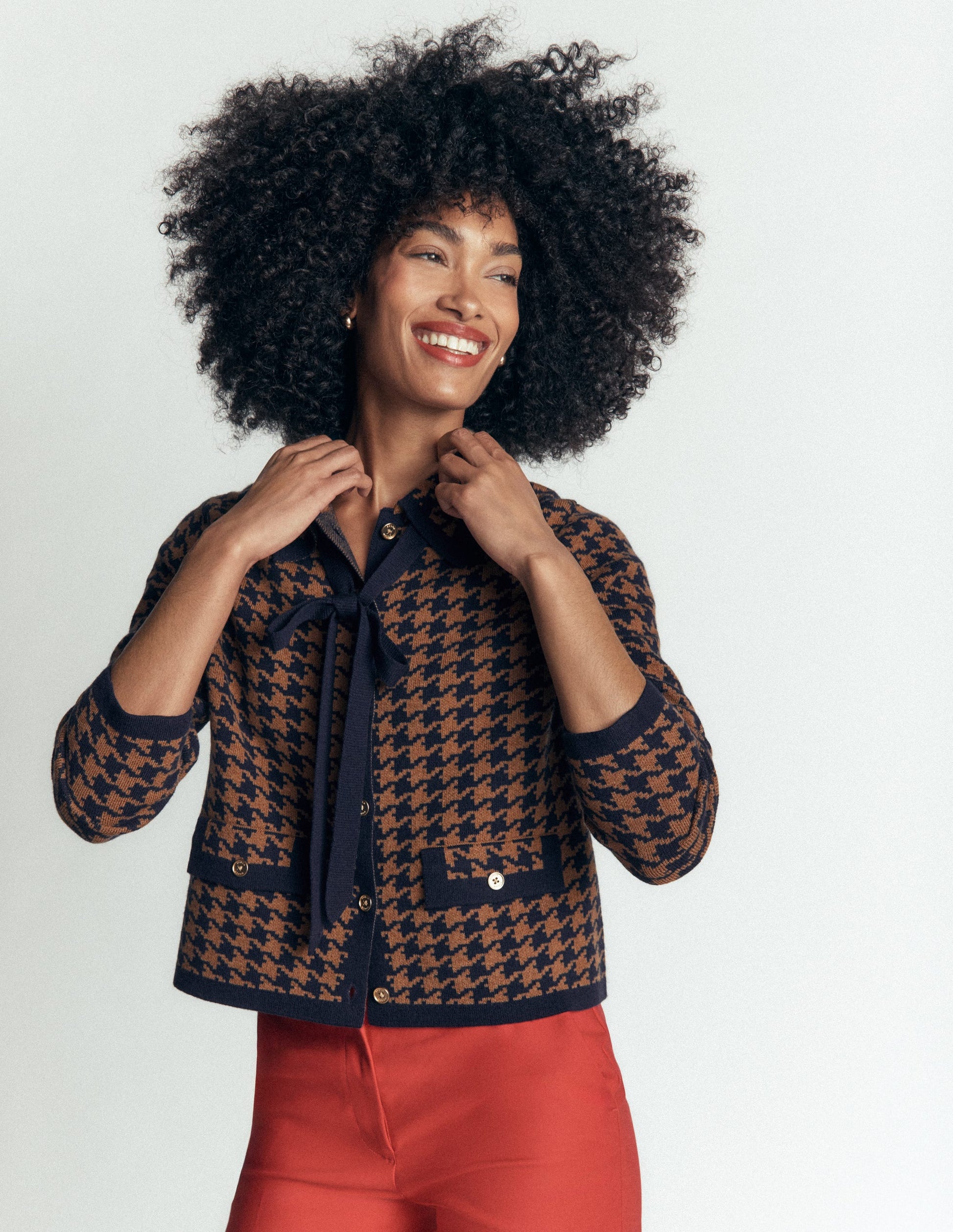 Elizabeth Strickjacke mit Schleife-Camel, Hahnentrittmuster-4