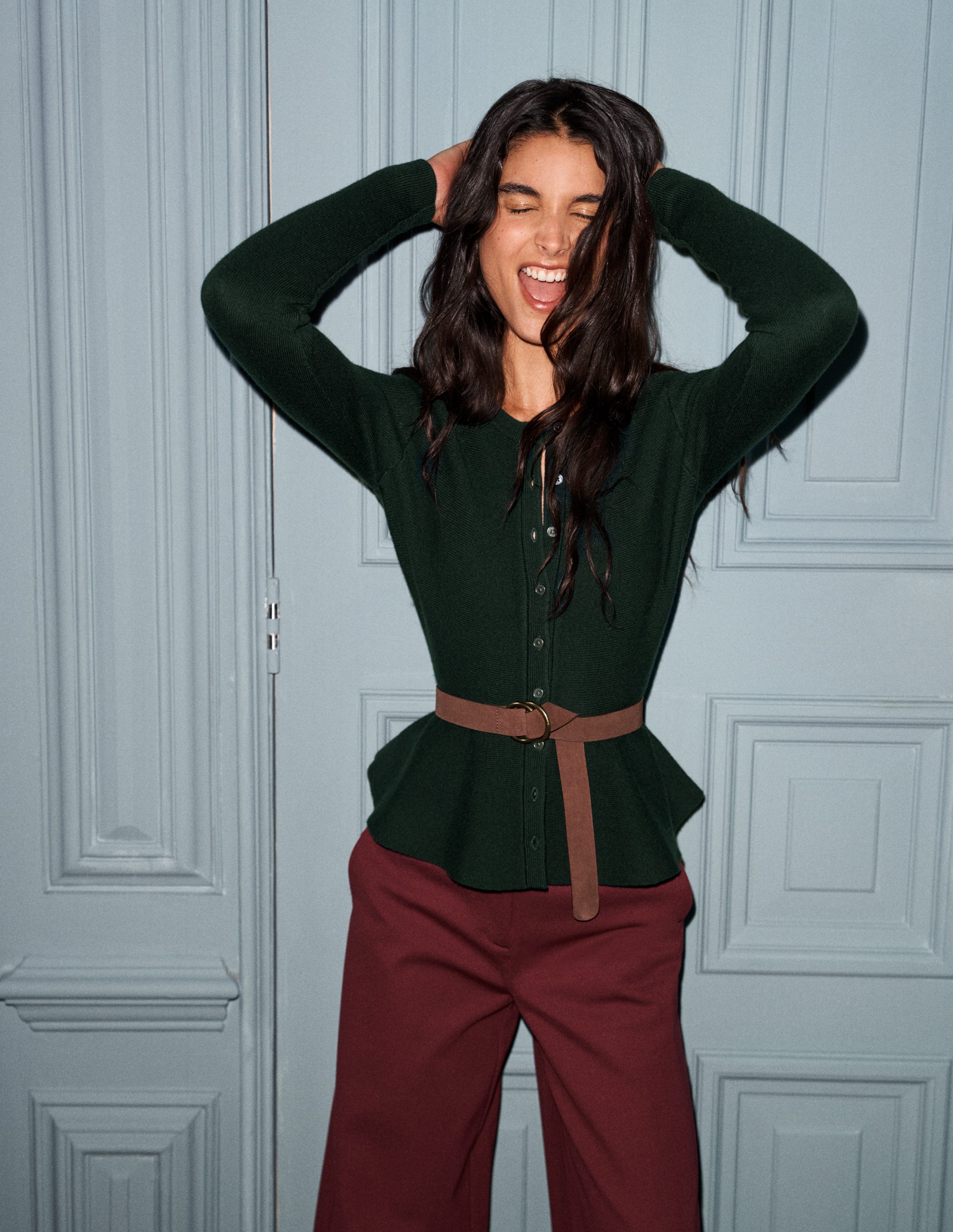 Gilet ajusté en laine à basque-Sea Moss - Image 5