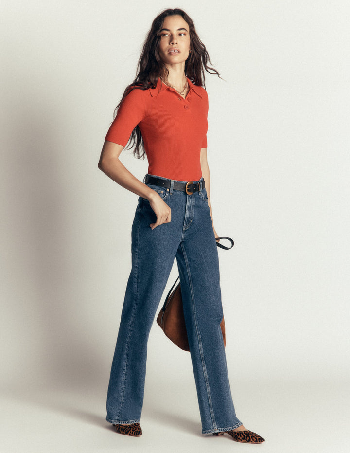 Jeans mit hohem Bund und geradem, weitem Bein-Dunkles Indigo