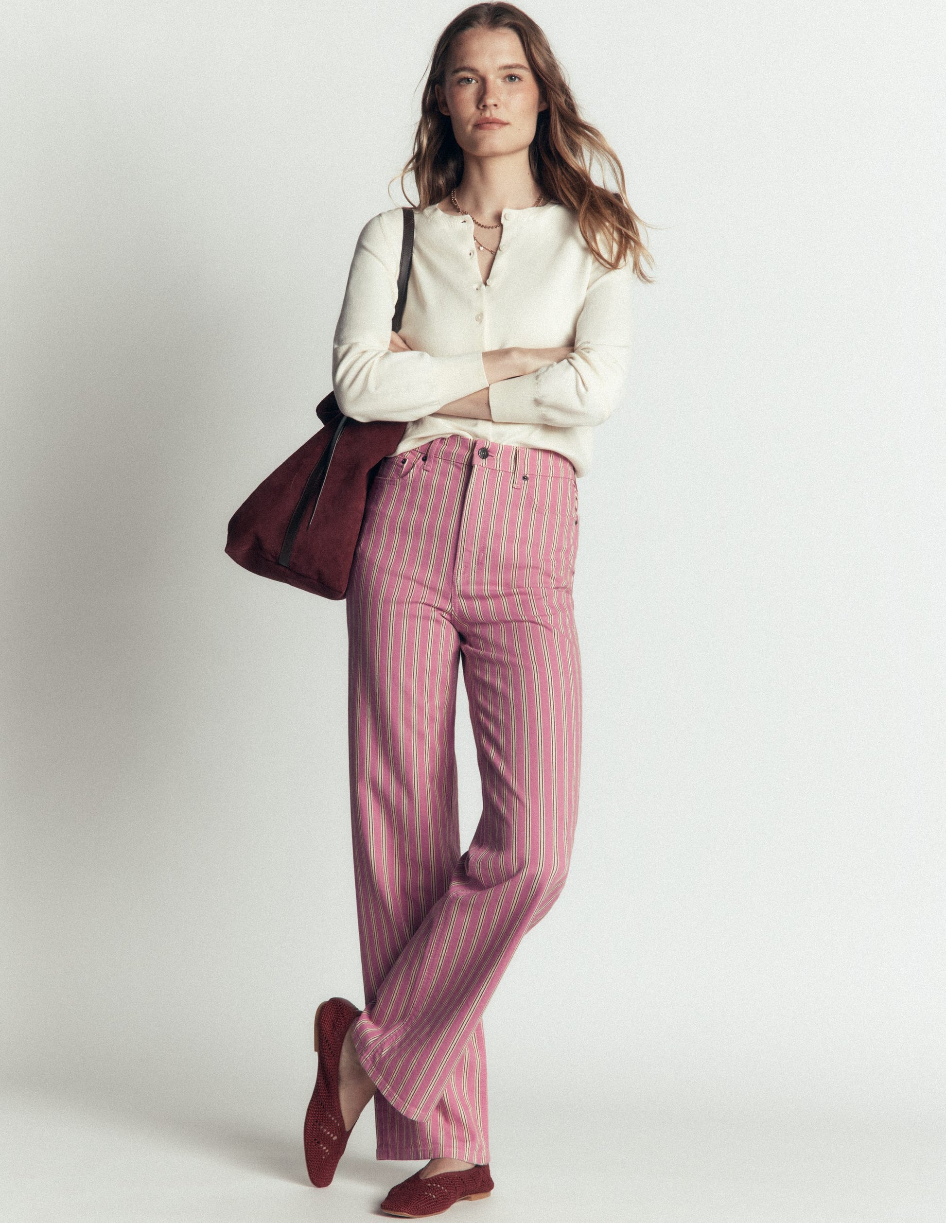 High Rise Column Leg Jeans-Pink, Maroon Tram Stripe-1