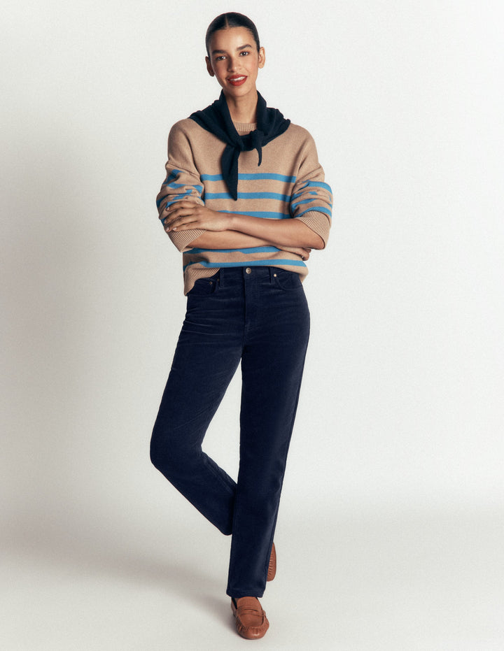 Jean slim à taille haute en velours côtelé-Bleu marine
