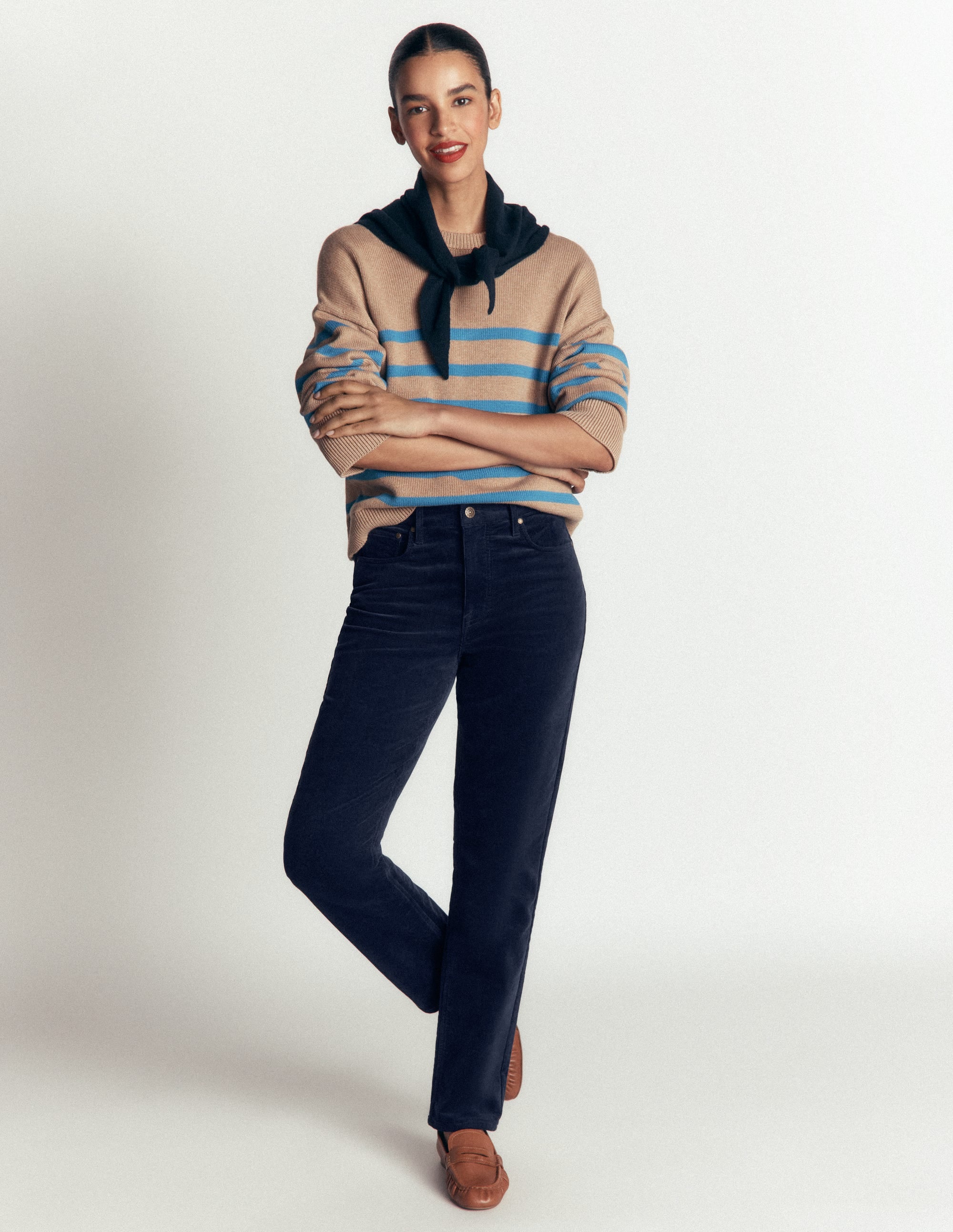 Jean slim à taille haute en velours côtelé-Bleu marine - Image 1