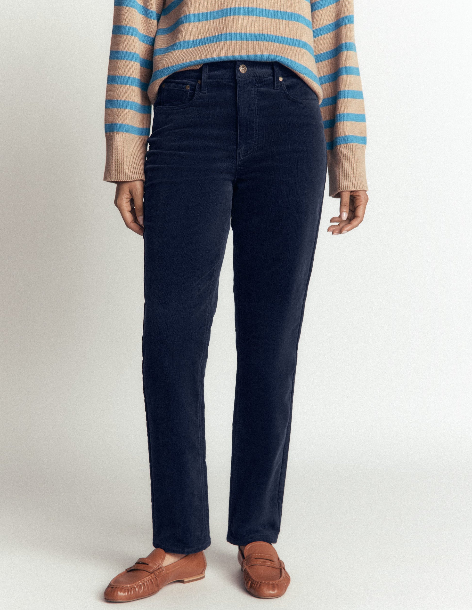 Jean slim à taille haute en velours côtelé-Bleu marine-5