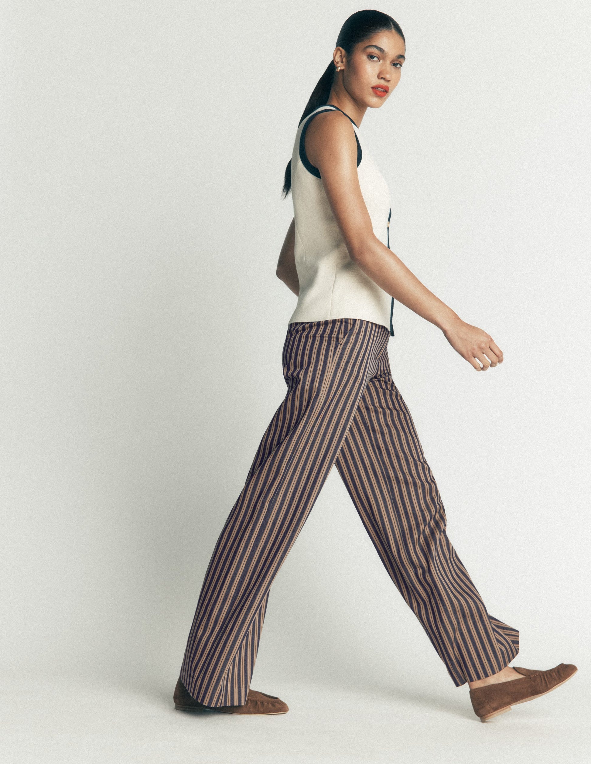 Belgravia Taillierte Hose-Marineblau, Camel Gestreift-4