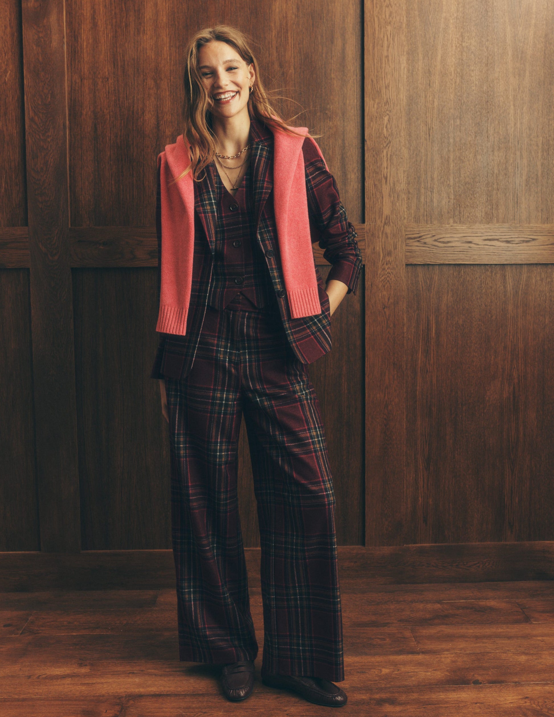 Belgravia Wool Blend Trousers-Maroon And Olive Check-1