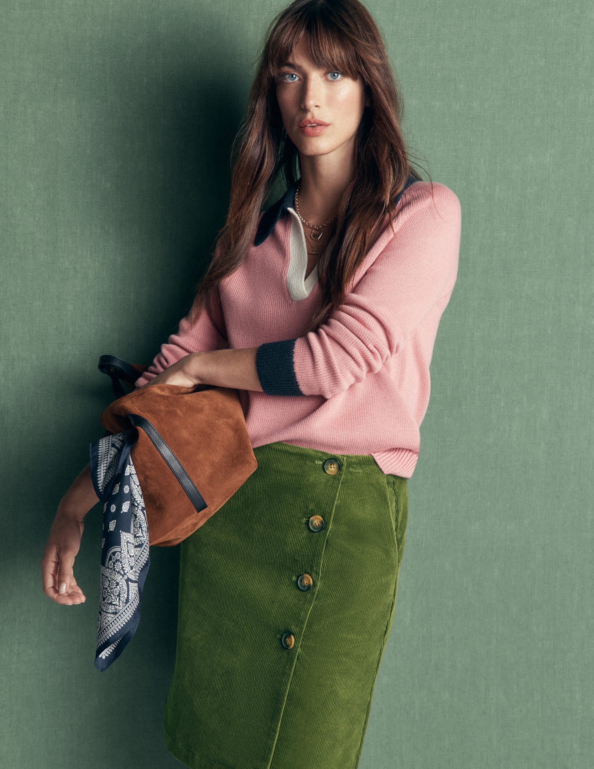 Evelyn Button Cord Wrap Skirt-Forest Green - Image 1