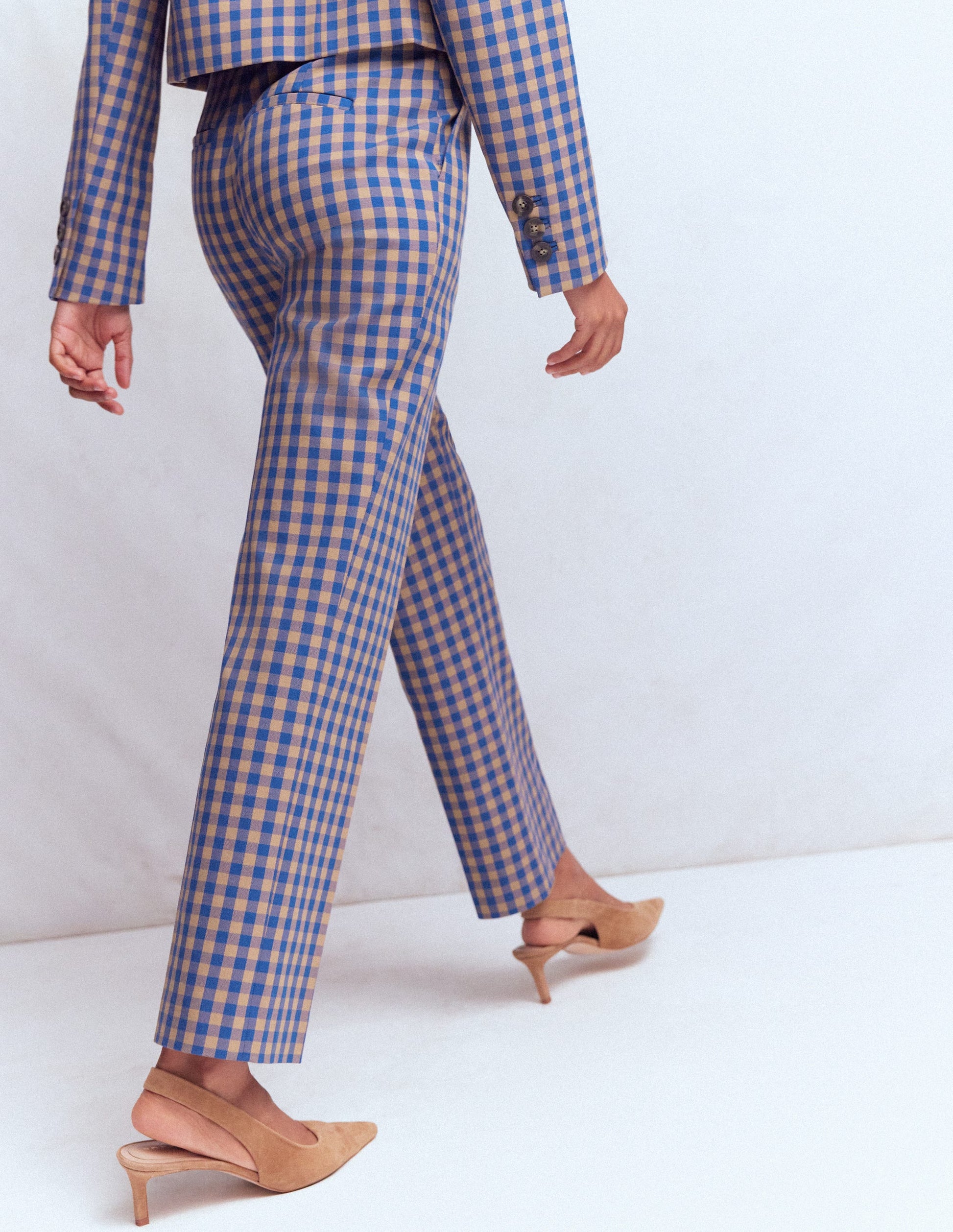 Canonbury Cotton 7/8 Trousers-Camel, Blue Gingham-5