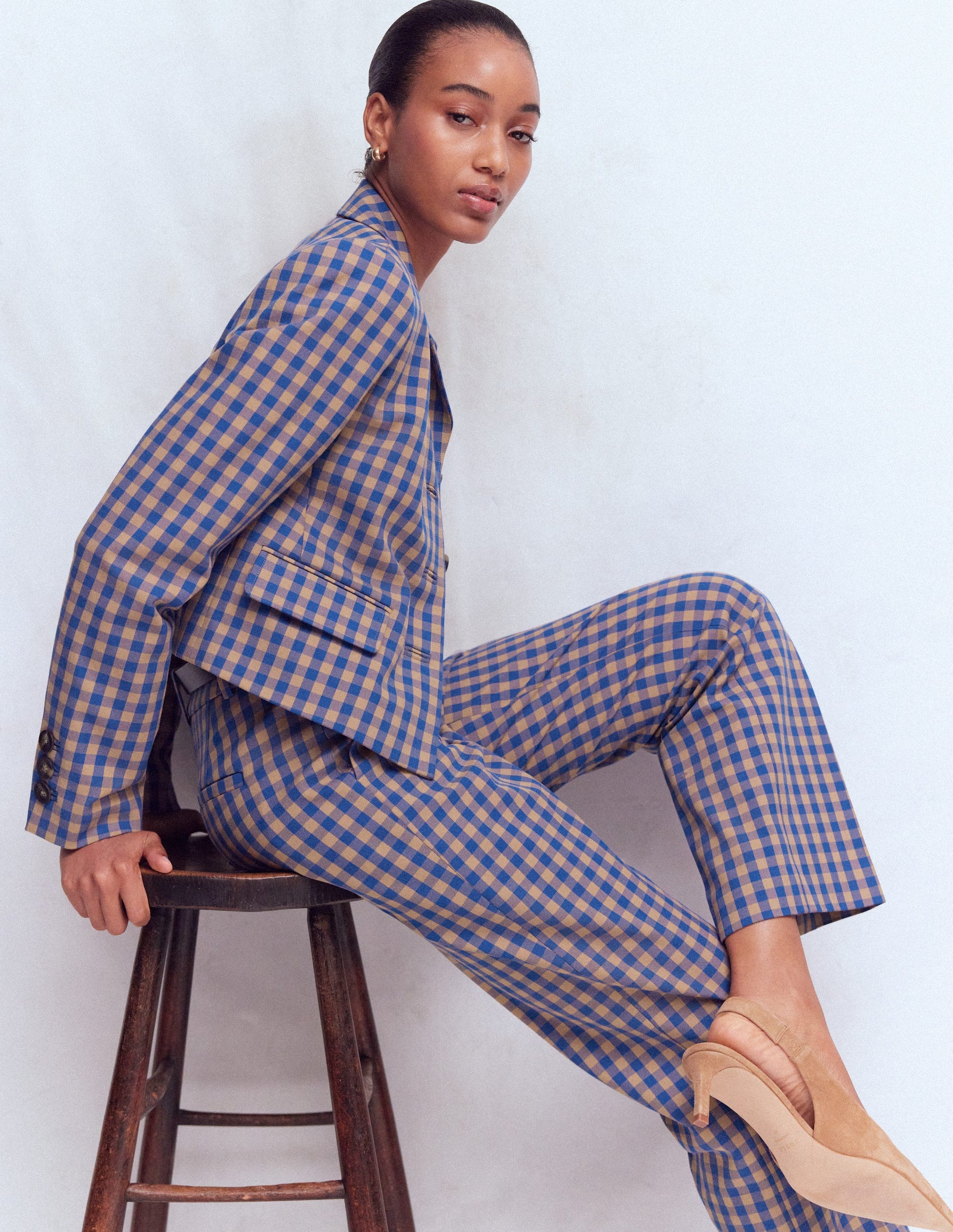 Canonbury Cotton 7/8 Trousers-Camel, Blue Gingham-6