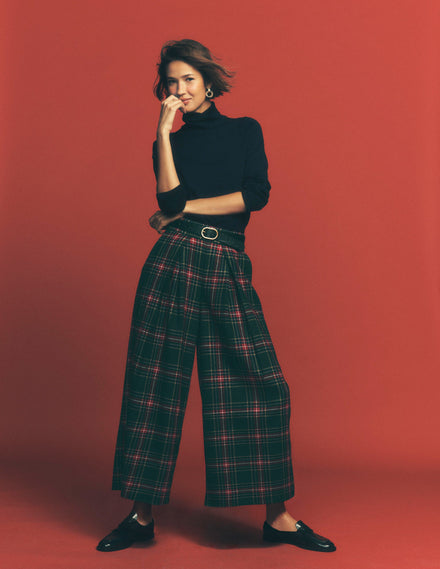Wool Blend Pleated Trousers-Green, Navy and Red Check