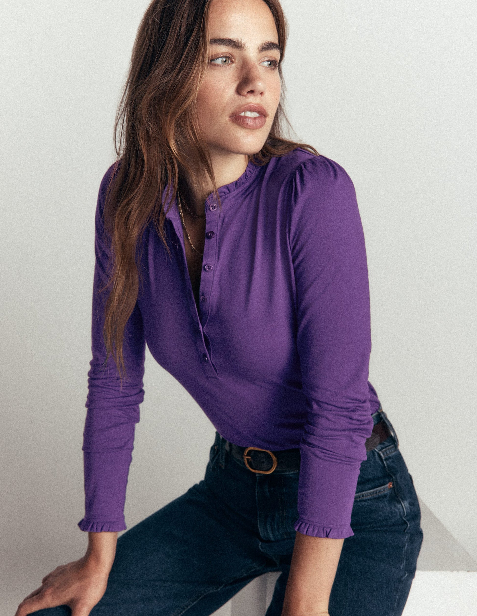 Top ultra-doux à col tunisien et volants-Violet calla-1