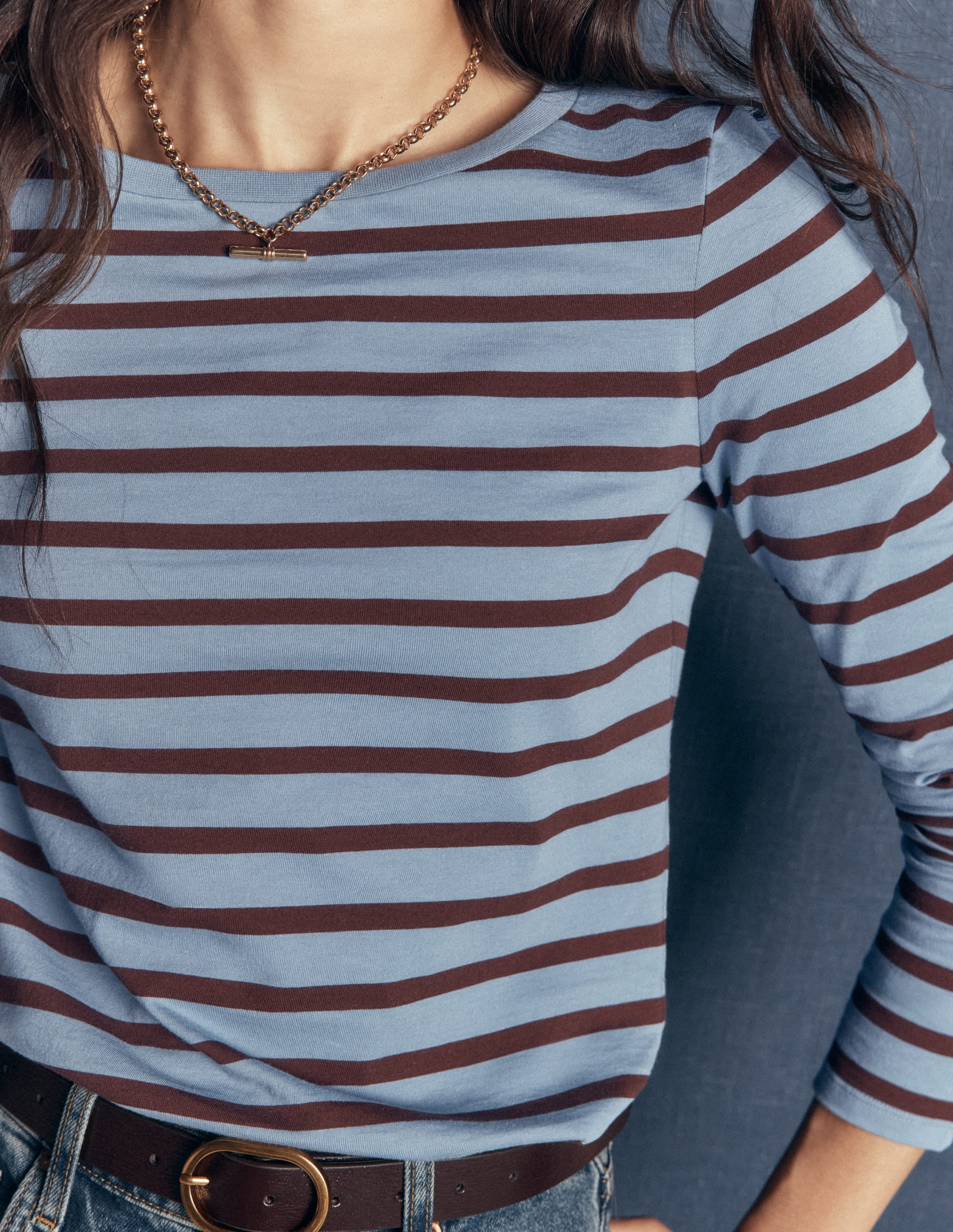 Olivia Langärmliges Bretonshirt-Verwaschener Denim Bitterschokolade - Image 2