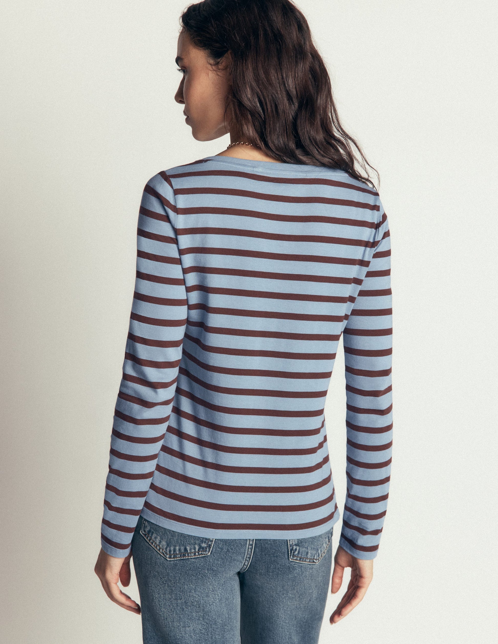 Olivia Langärmliges Bretonshirt-Verwaschener Denim Bitterschokolade-3