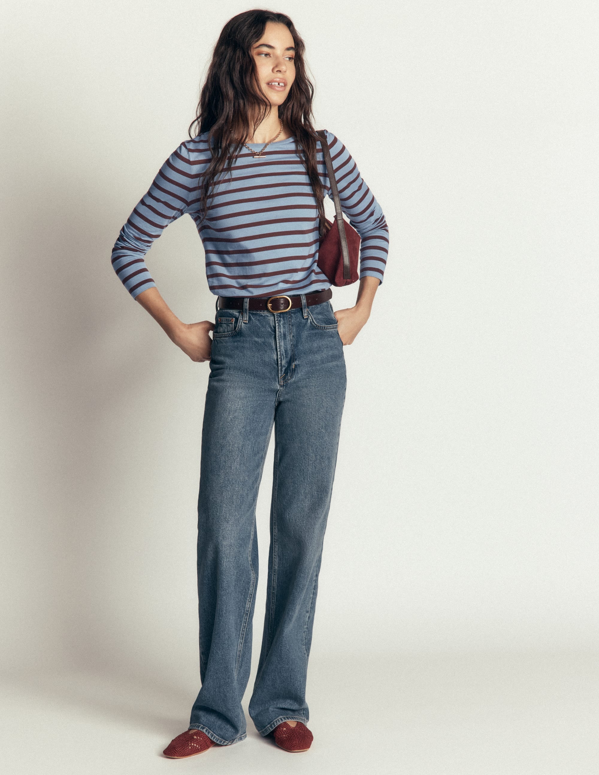 Olivia Langärmliges Bretonshirt-Verwaschener Denim Bitterschokolade - Image 4