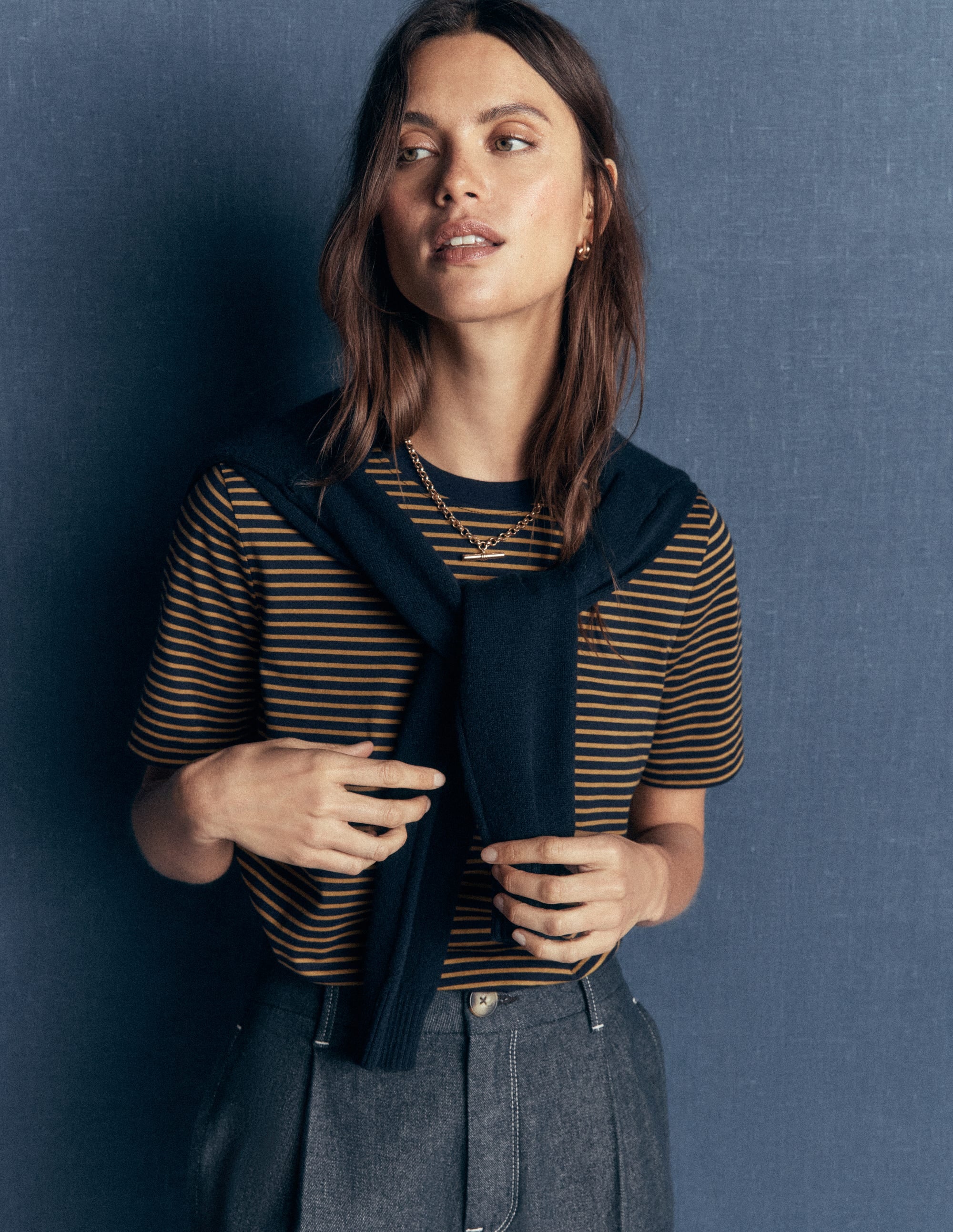 Cotton Crew Neck T-shirt-Navy and Dijon Stripe - Image 1
