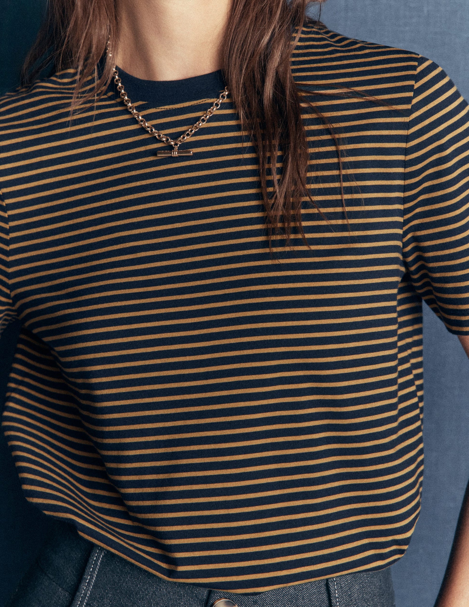 Cotton Crew Neck T-shirt-Navy and Dijon Stripe-2