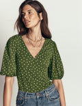 Tia Ruched Wrap Top-Brunswick Green, Painted Dot